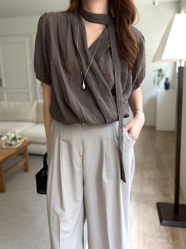 Louise Wrap Blouse with Tie (Brown)