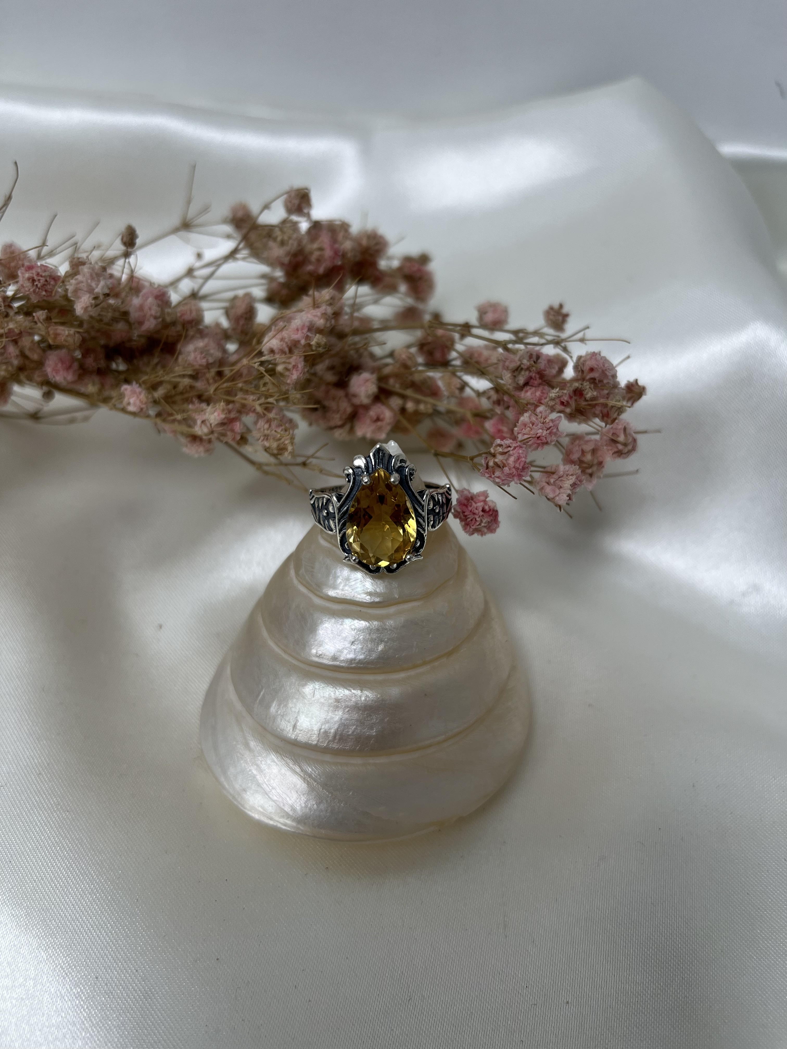 淨體黃水晶水滴復古活口S925銀戒指裸石9x13mm