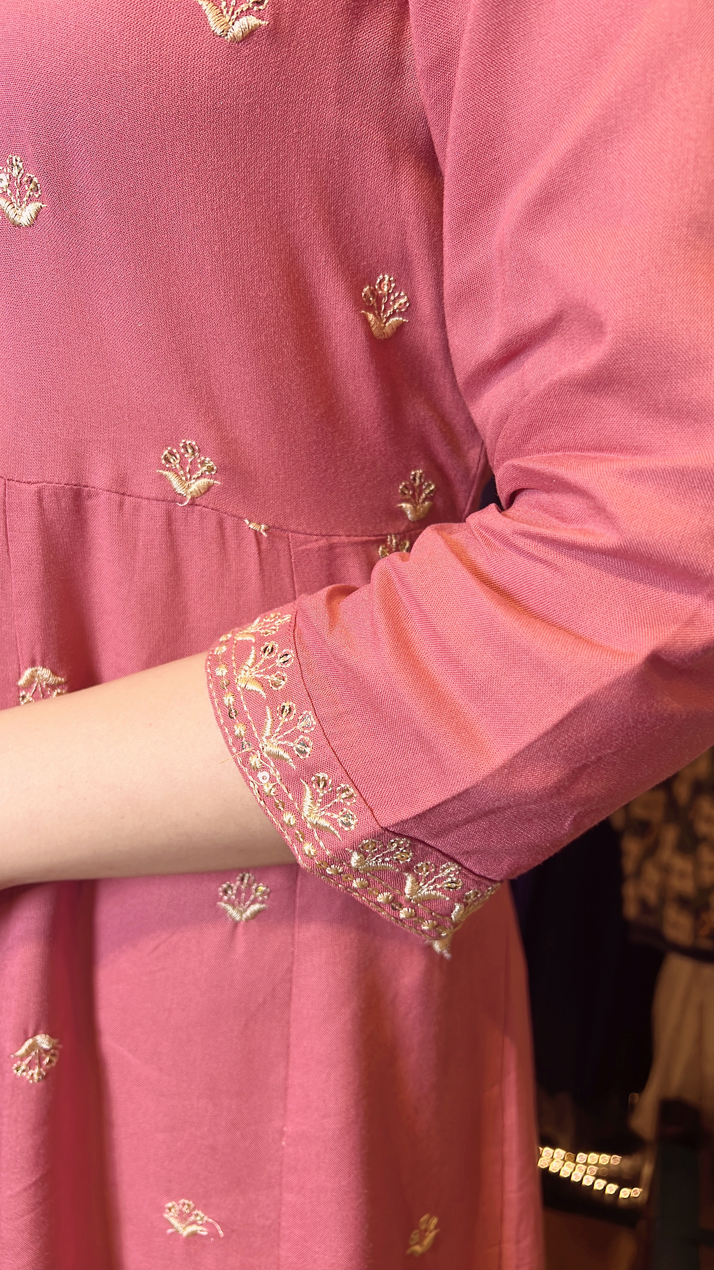 Pink Emb Big V Neck Cotton OP 46" #1051