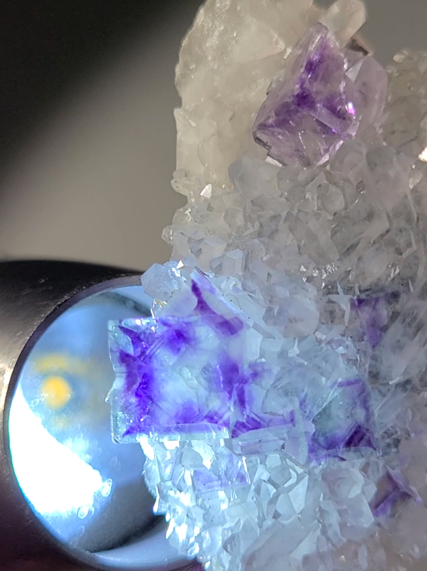 Blue and purple cubic fluorite on baby quartz - FL142