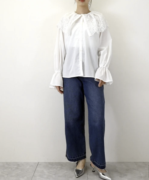蕾絲領口糖果袖襯衫 - 2026 流行穿搭  長䄂襯衫 春夏時尚穿搭 柔軟舒適 優雅日常 易於配搭 日本直送   #JP-I-260026
