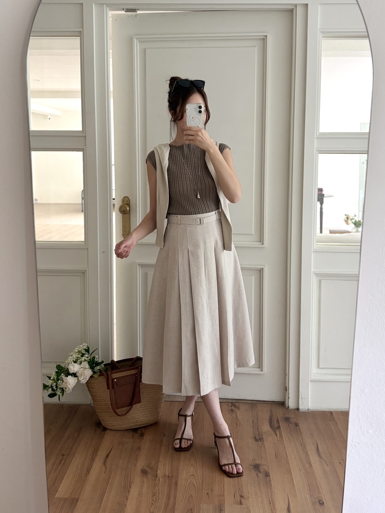 Linen Blend Pleated Skirt (Oat)