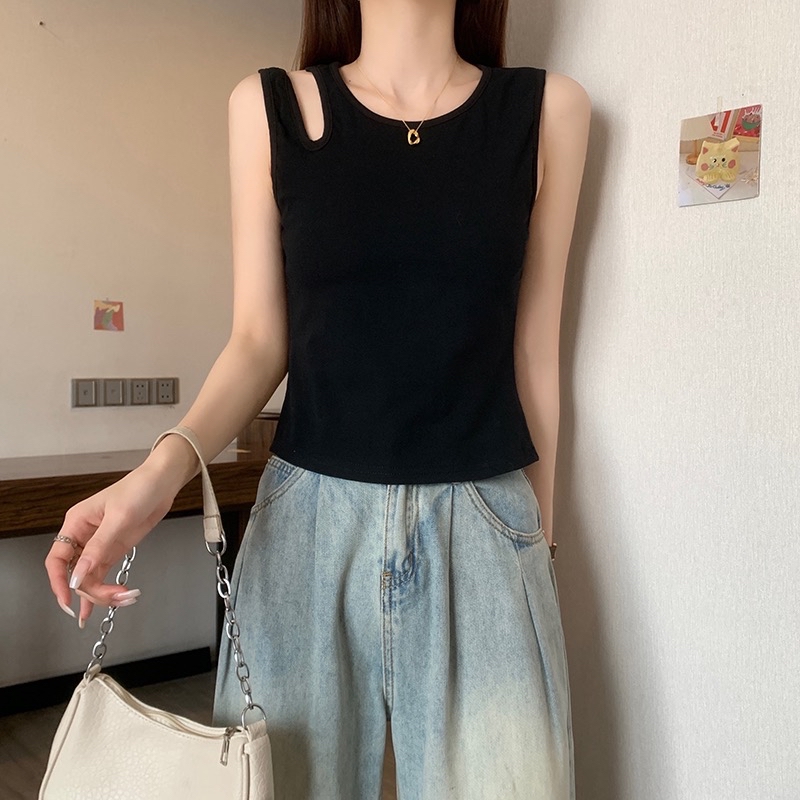 B290(16201) 韩版付胸垫边单镂空双吊带设计感黑背心