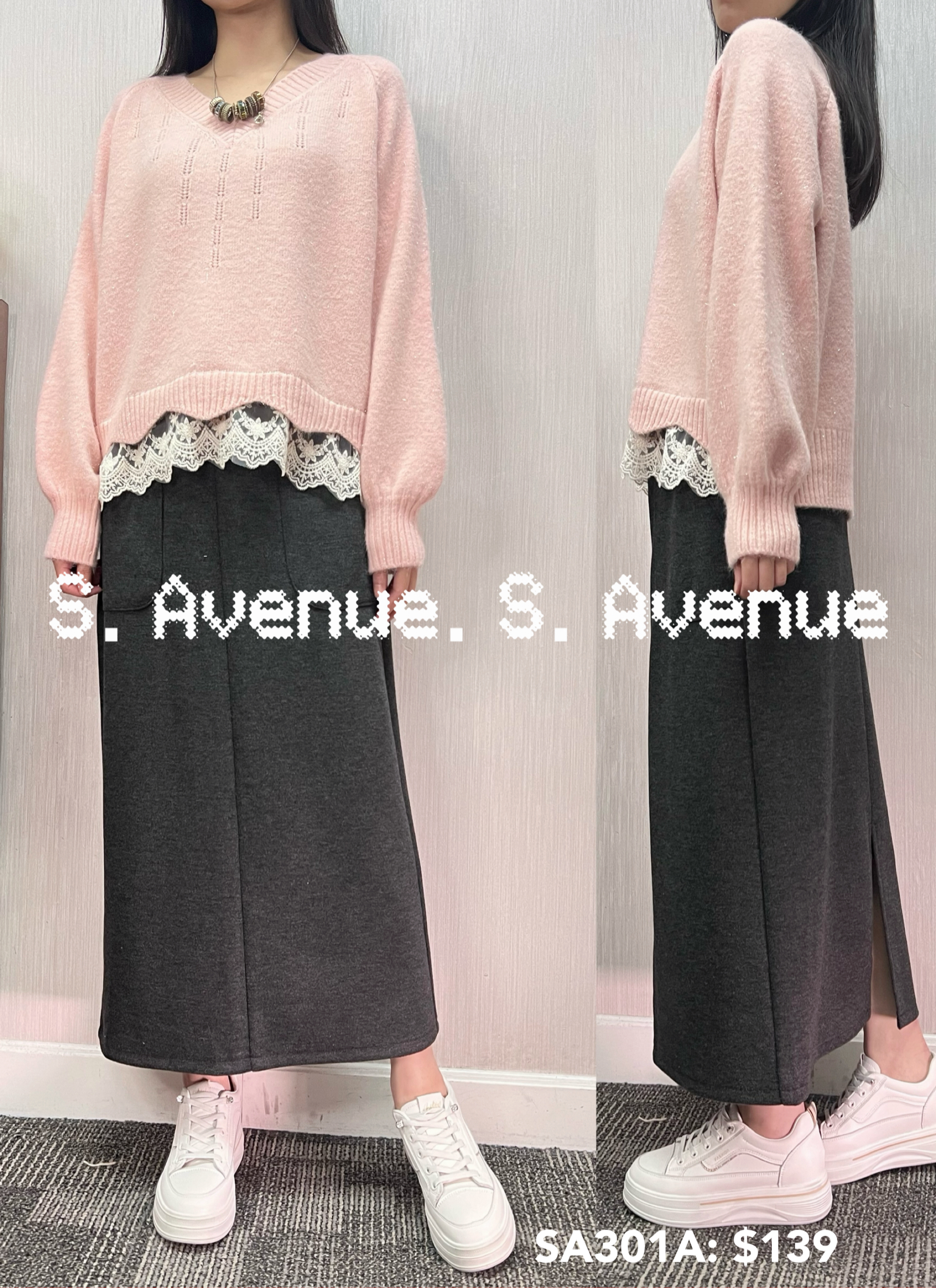 SA301A: 長袖燈籠袖V領腳lace冷衫