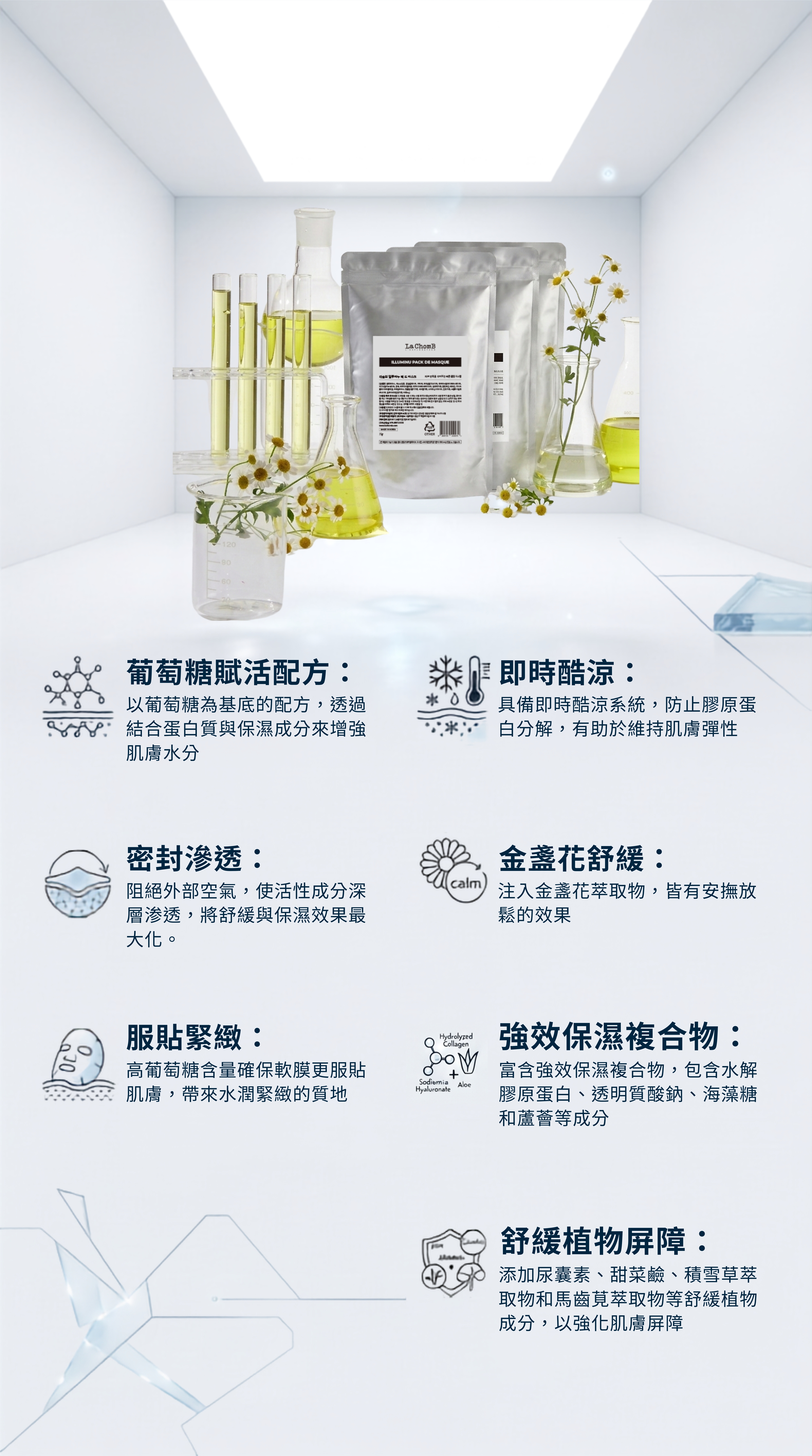 LaChomB ILLUMINU 軟膜粉核心特點解析：採用葡萄糖賦活配方結合蛋白質與保濕成分增強肌膚水分，具備即時酷涼系統防止膠原蛋白分解並維持彈性。透過密封滲透阻絕外部空氣讓活性成分深層作用，搭配高葡萄糖含量實現服貼緊緻。富含水解膠原蛋白、透明質酸鈉等強效保濕複合物，並添加尿囊素、積雪草與馬齒莧萃取物等舒緩植物屏障。