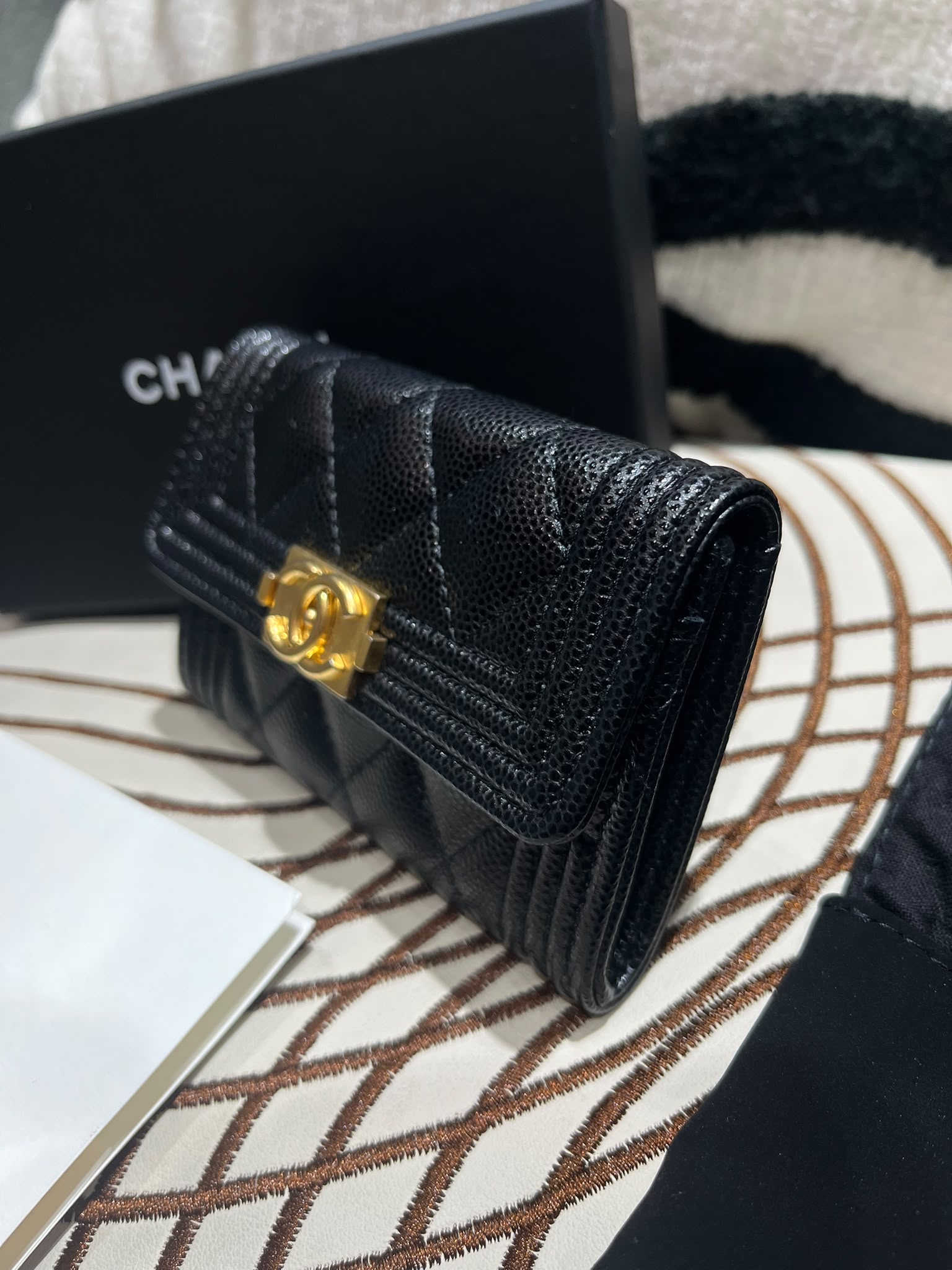 全新 Chanel boy card holder 黑色魚子醬牛皮復古金 100%Authentic, 全新貨品 ✅chip, ✅dust bag ✅box