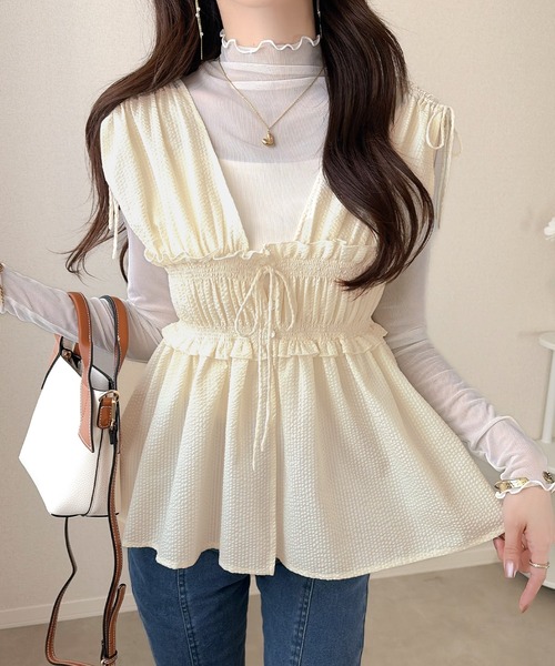 袖緞帶褶襉背心【JT039】