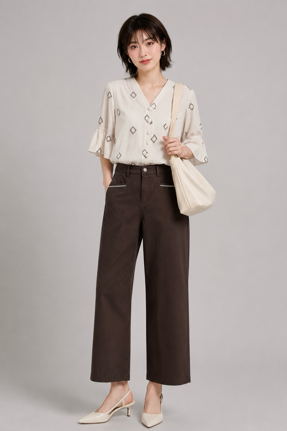 210576 Harper Diamond Print Flutter Sleeve Blouse