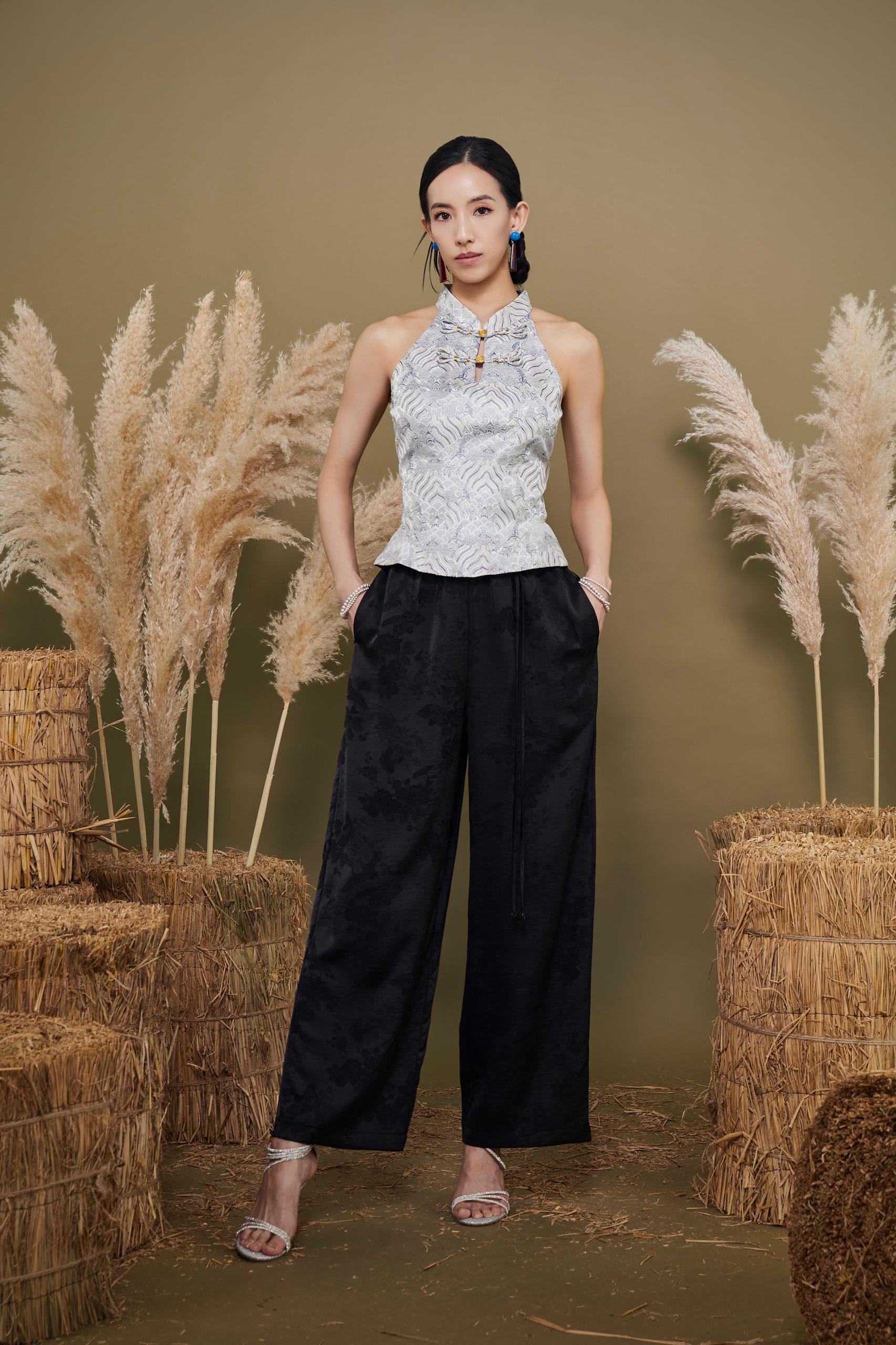 CB2790 Oriental Brocade Halter Peplum Top