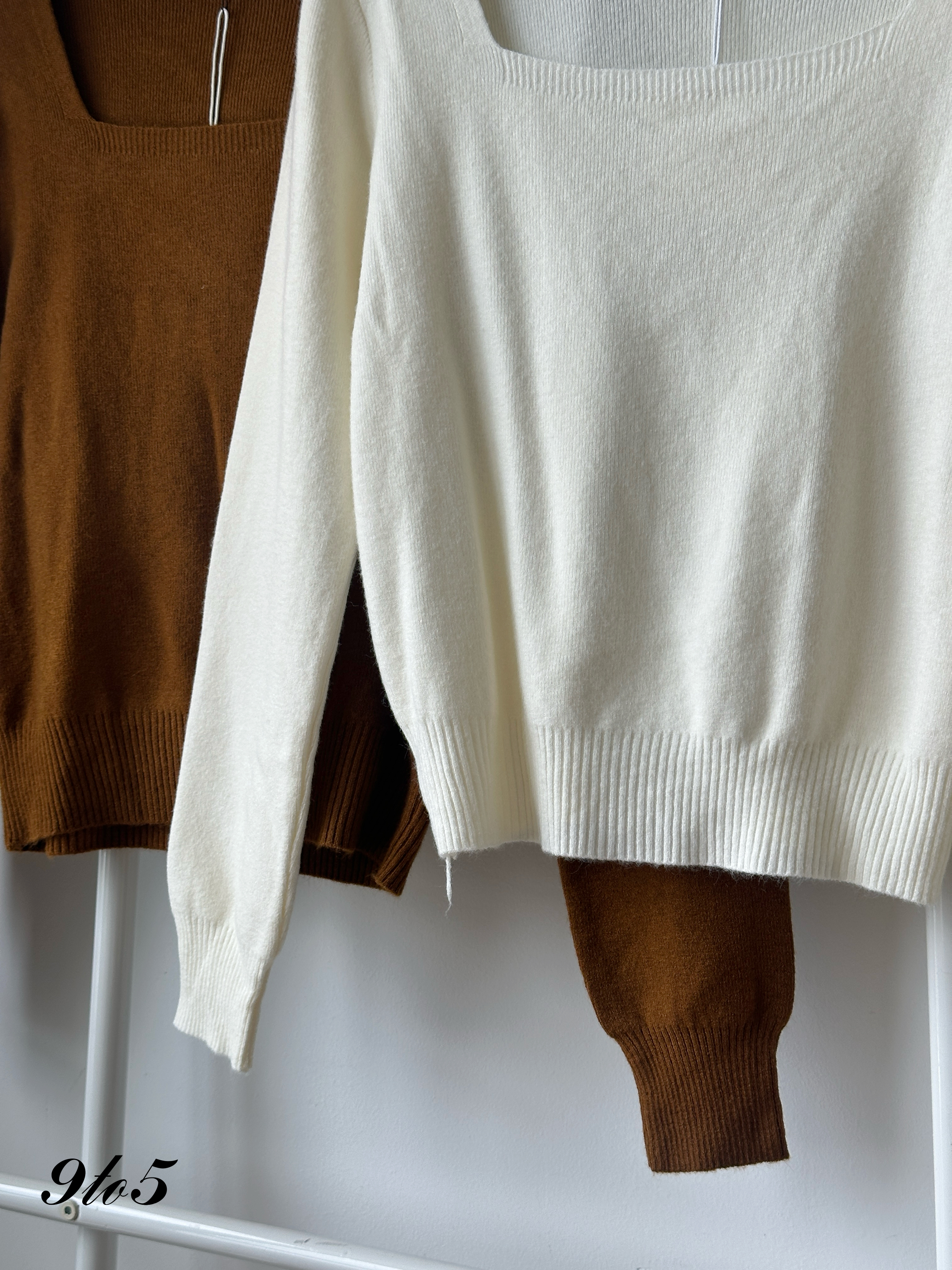 T4136 Square Neck Knit Top - Cream & Golden Brown