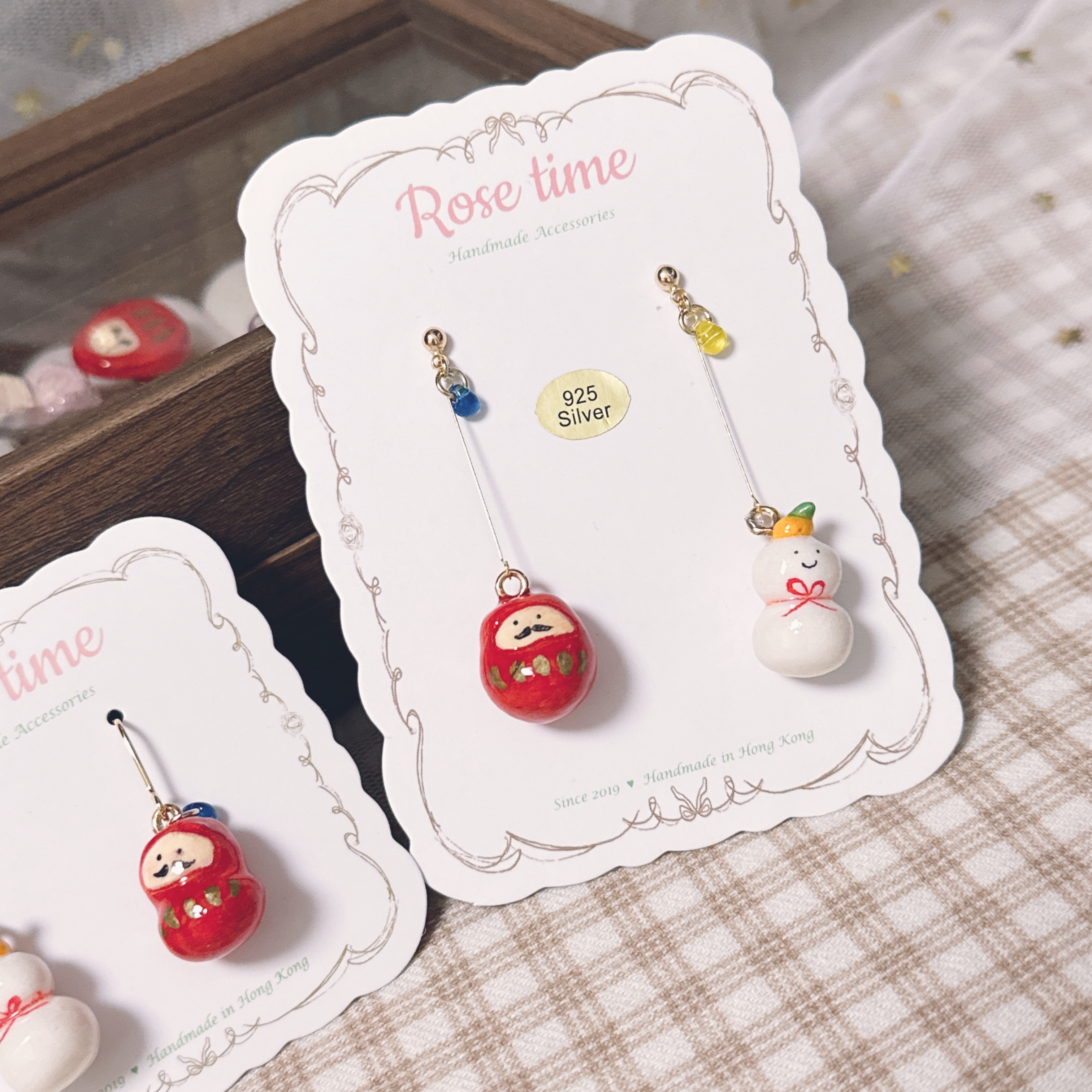 手繪 和風雪餅/年糕 胖達摩耳環 長短款