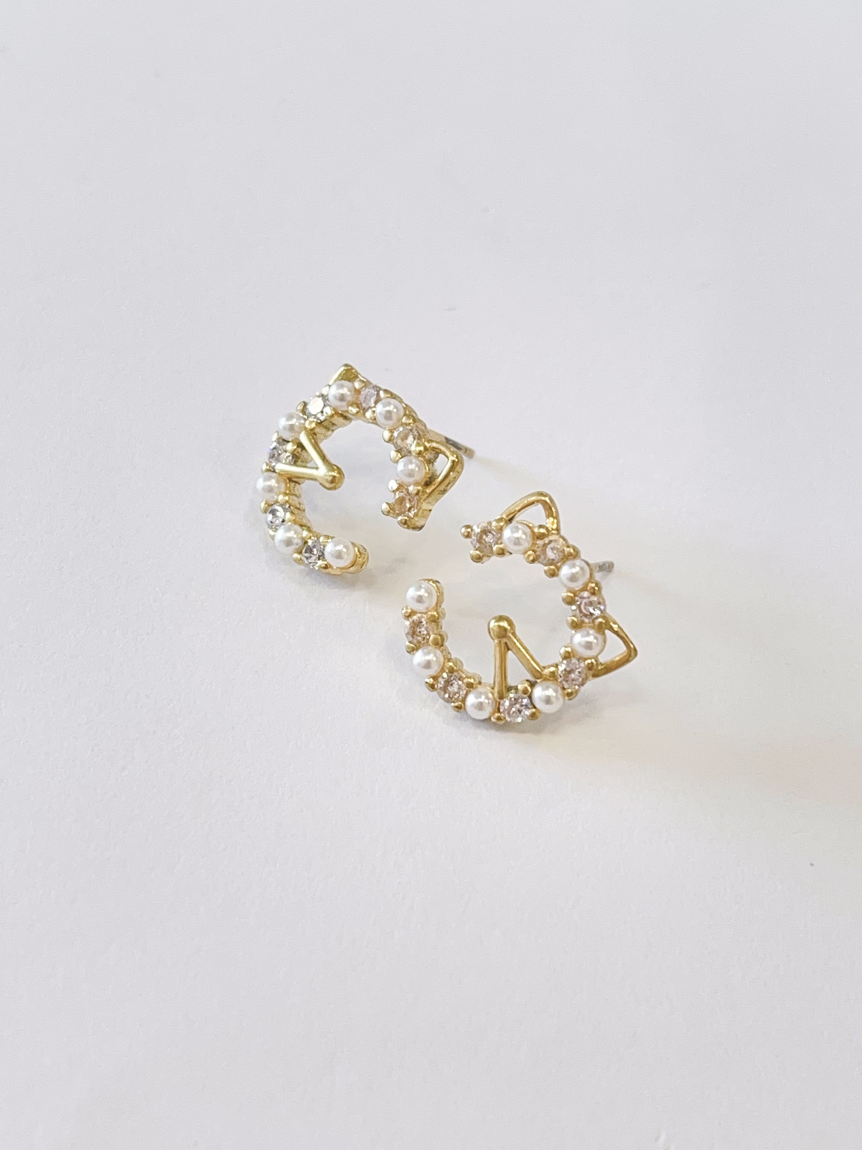 金色镶钻珍珠小猫咪耳环