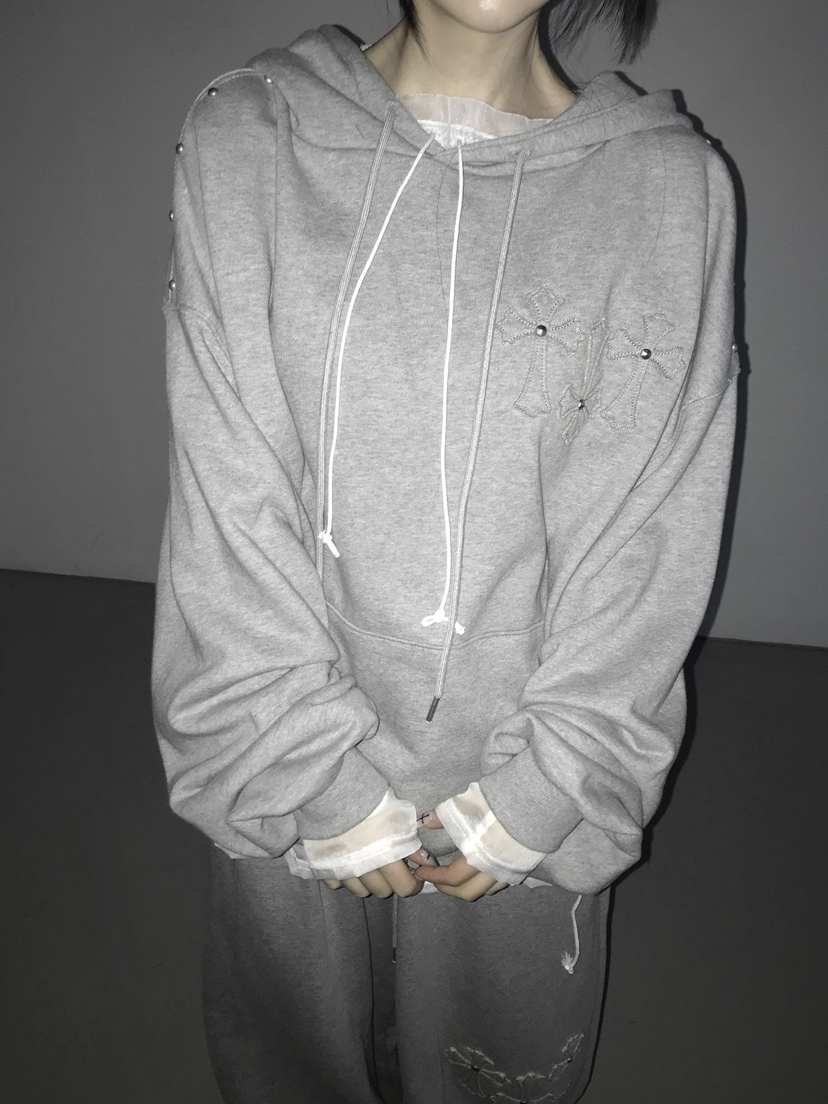 Studded Cross Patch Oversized Hoodie