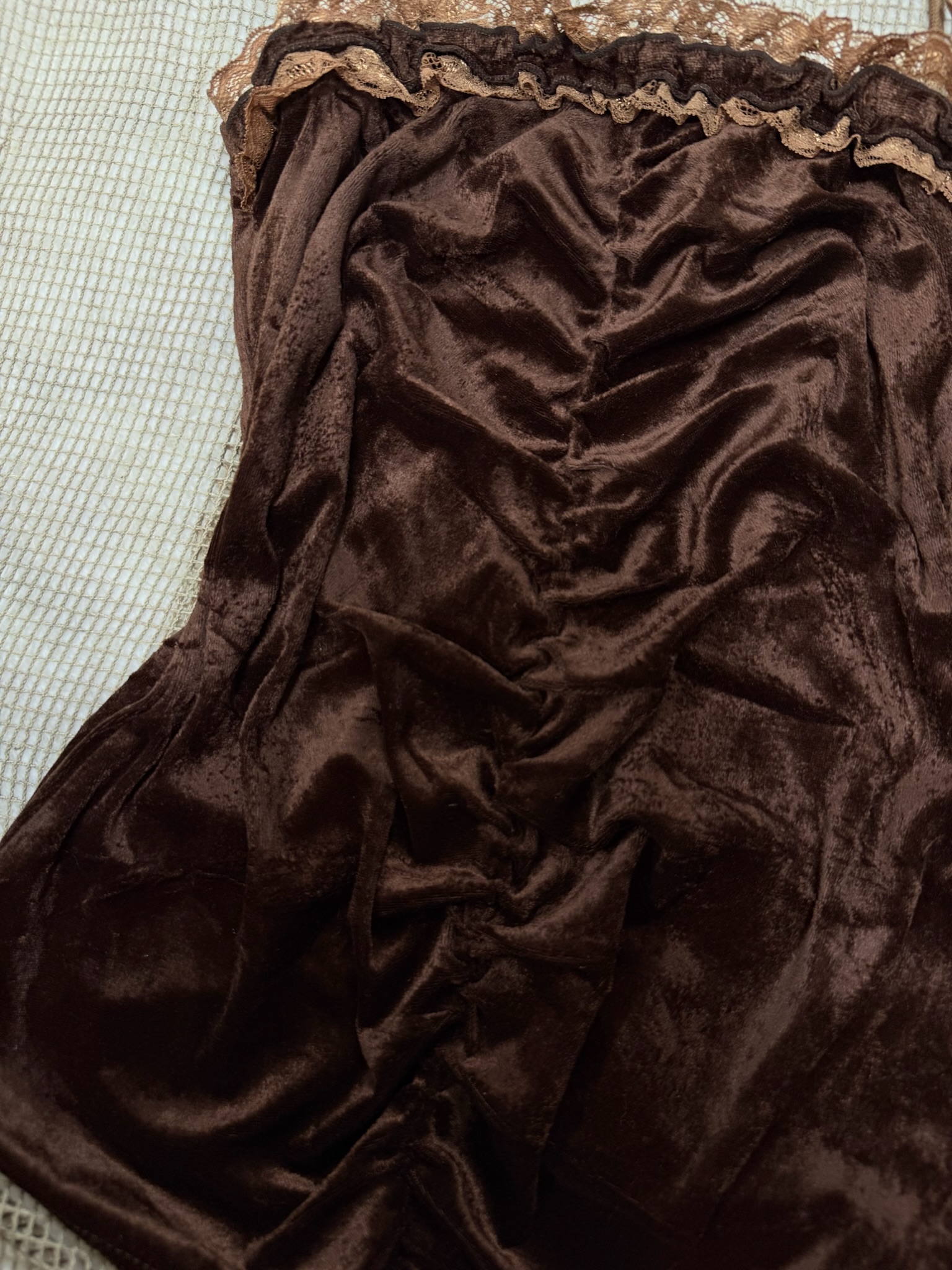 Vintage Chocolate Velvet Top with Caramel Lace Trim