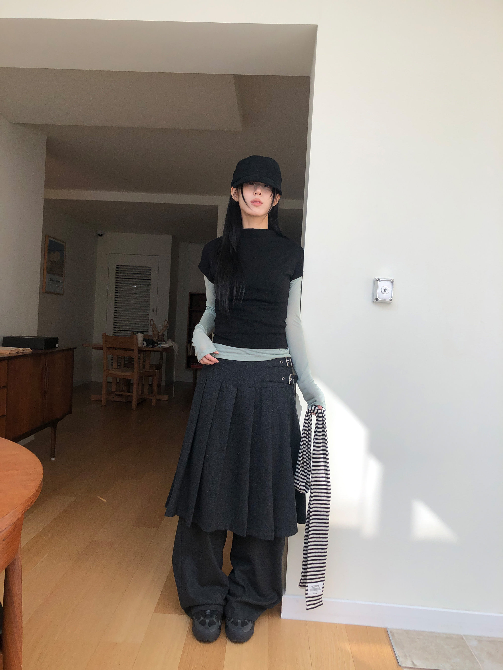 Pleated Layered Buckle Skirt Pants