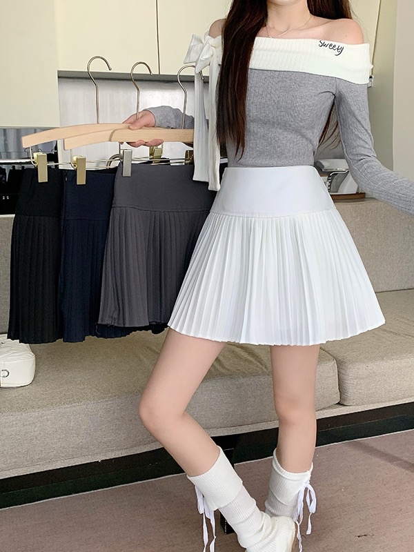 B60(3915) 韩版高腰大版下摆压褶细百褶4色短裙