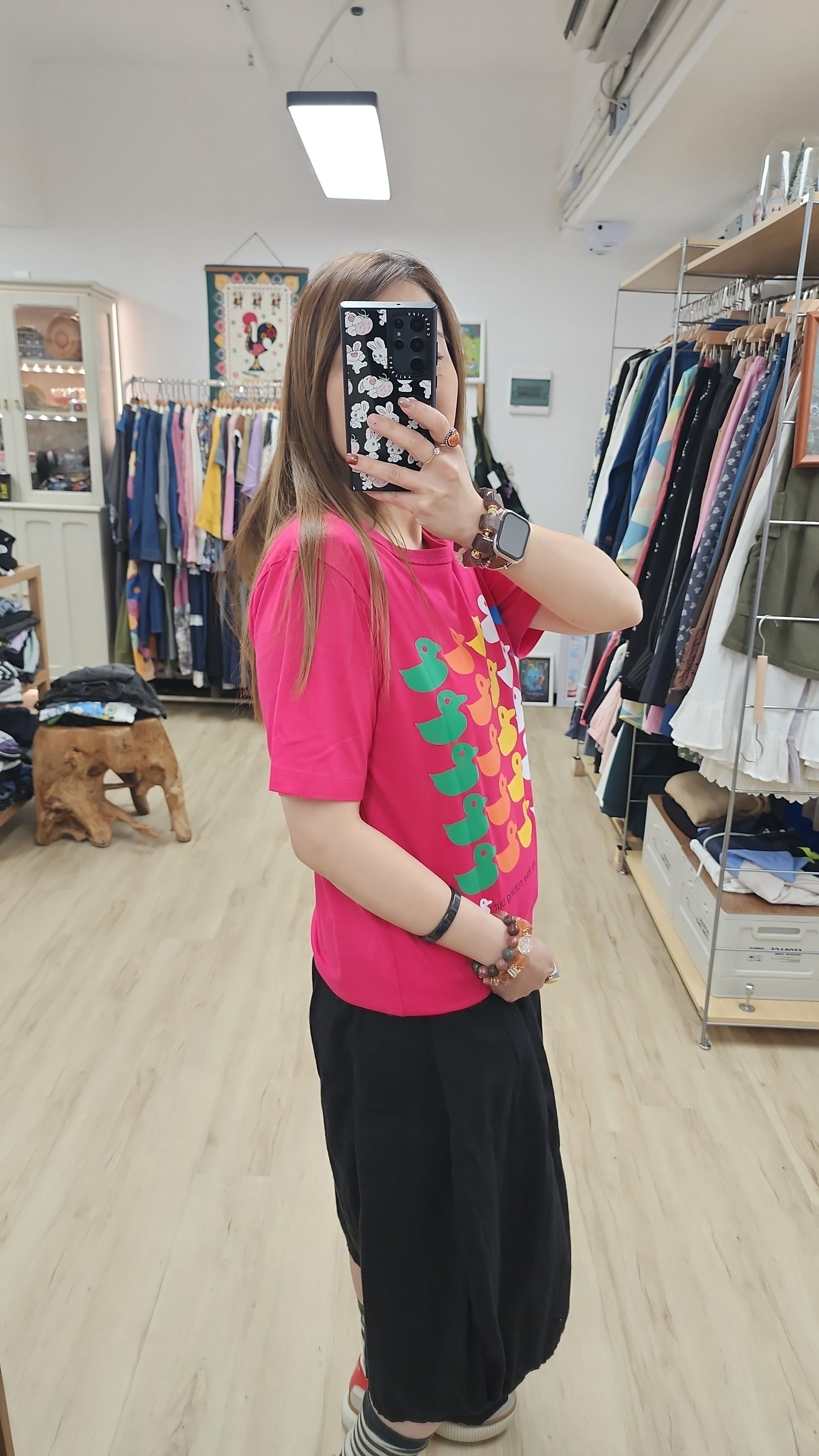 泰國粉紅彩鴨仔印圖棉Tee