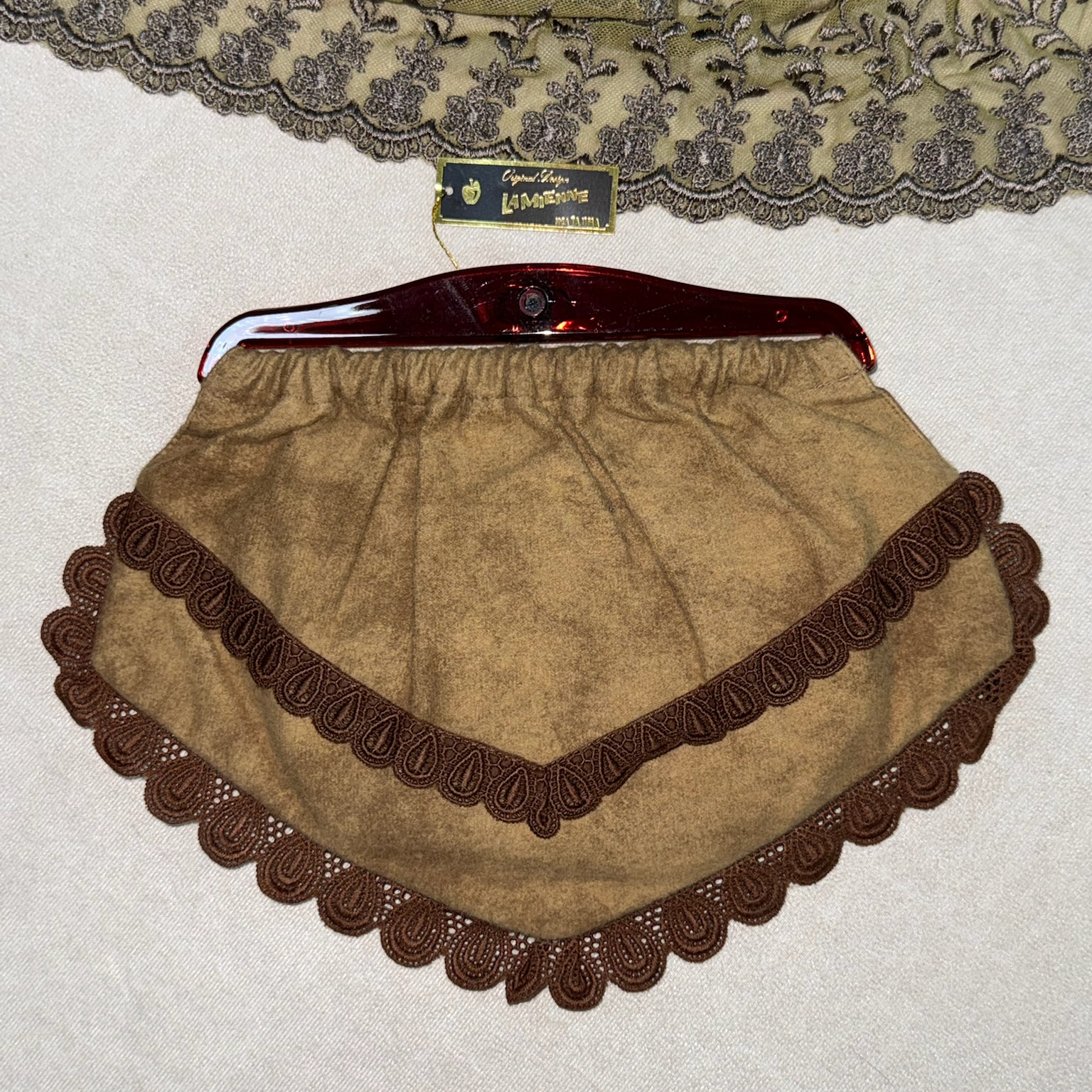 Brown Suede Lace-Trim Floral Clutch