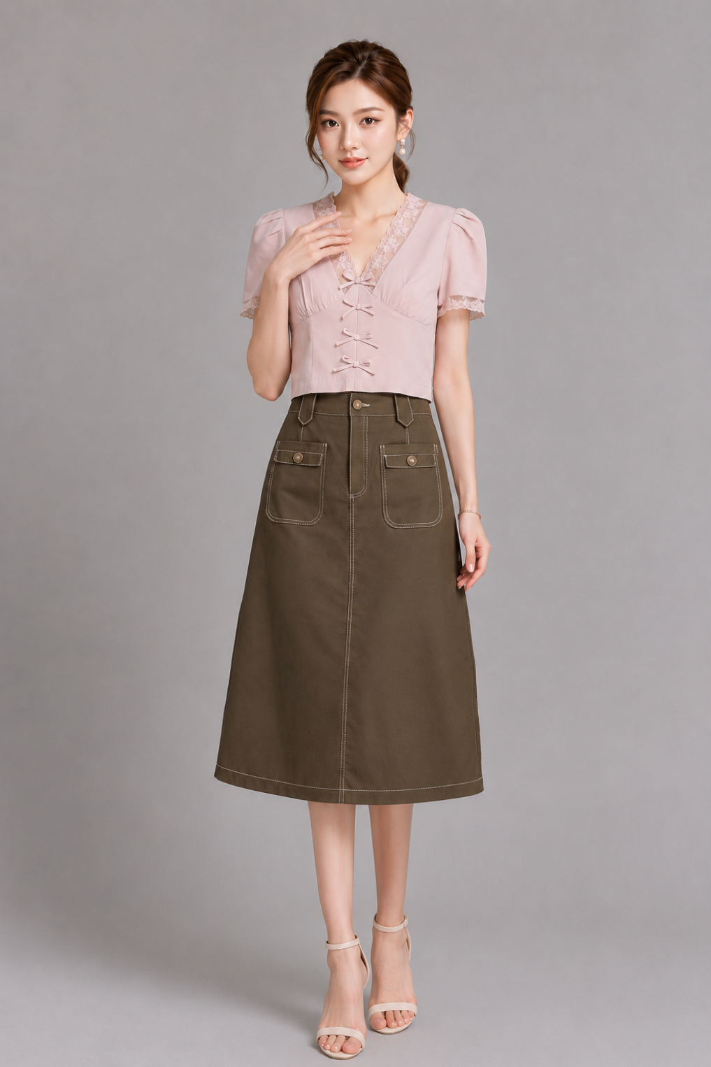 2209 Contrast Stitch Utility Denim Midi Skirt