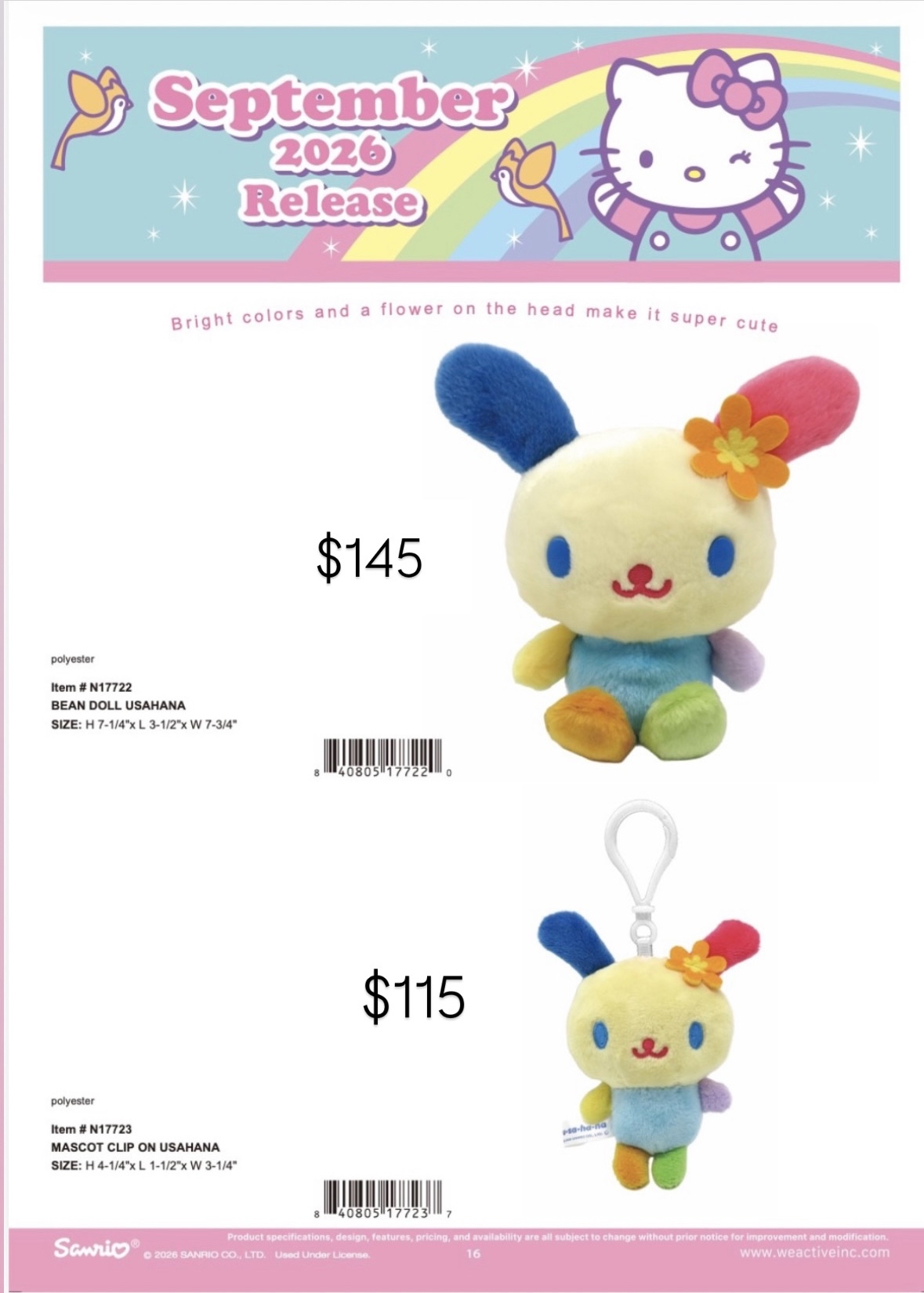 9月新品預訂｜美版 usahana 公仔/吊飾🌈