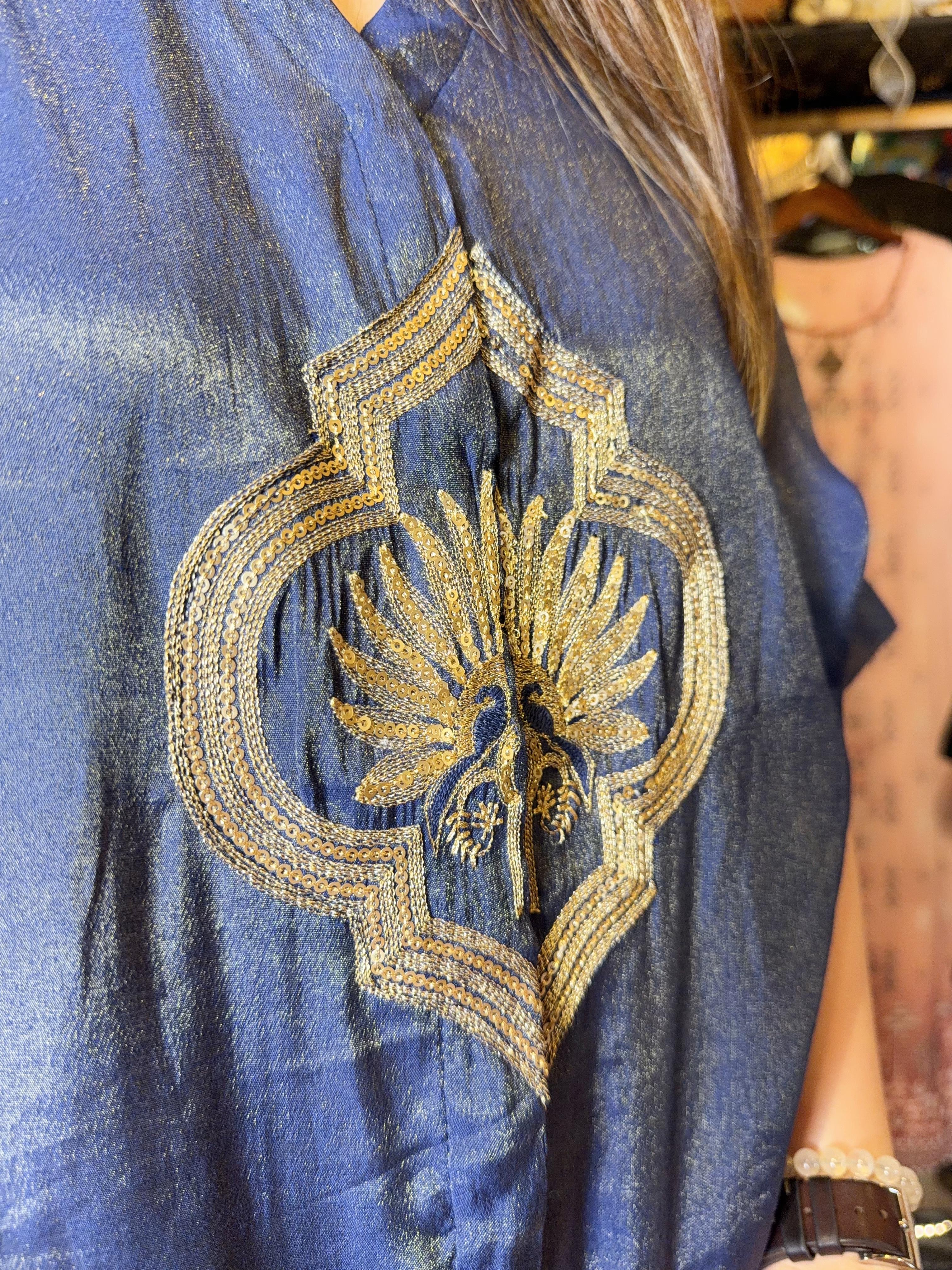 Navy Blue Chiffon Silky Gold Print sleeve top #1108