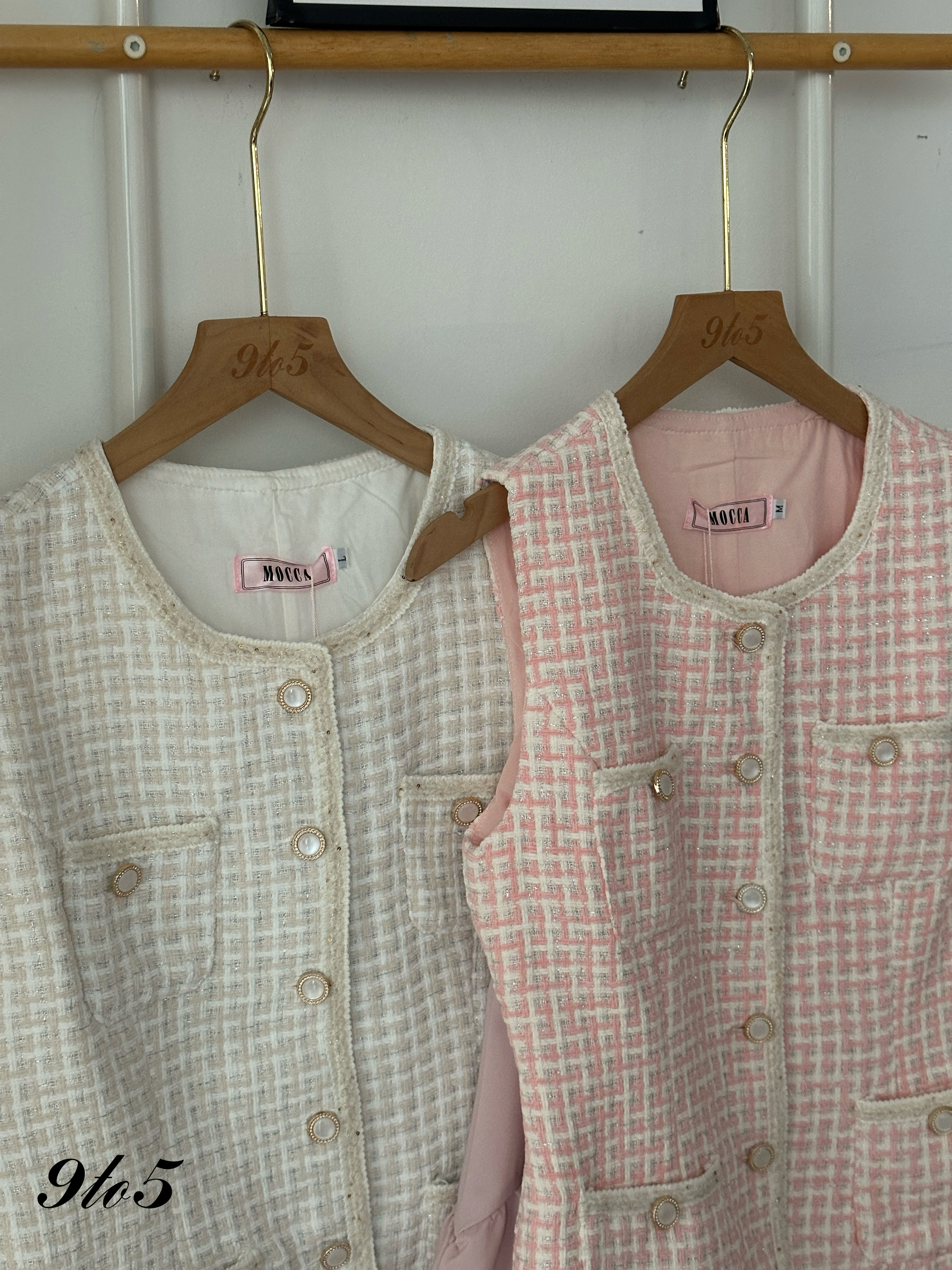 D2328 Sleeveless Tweed Matching Set - Cream & Pink