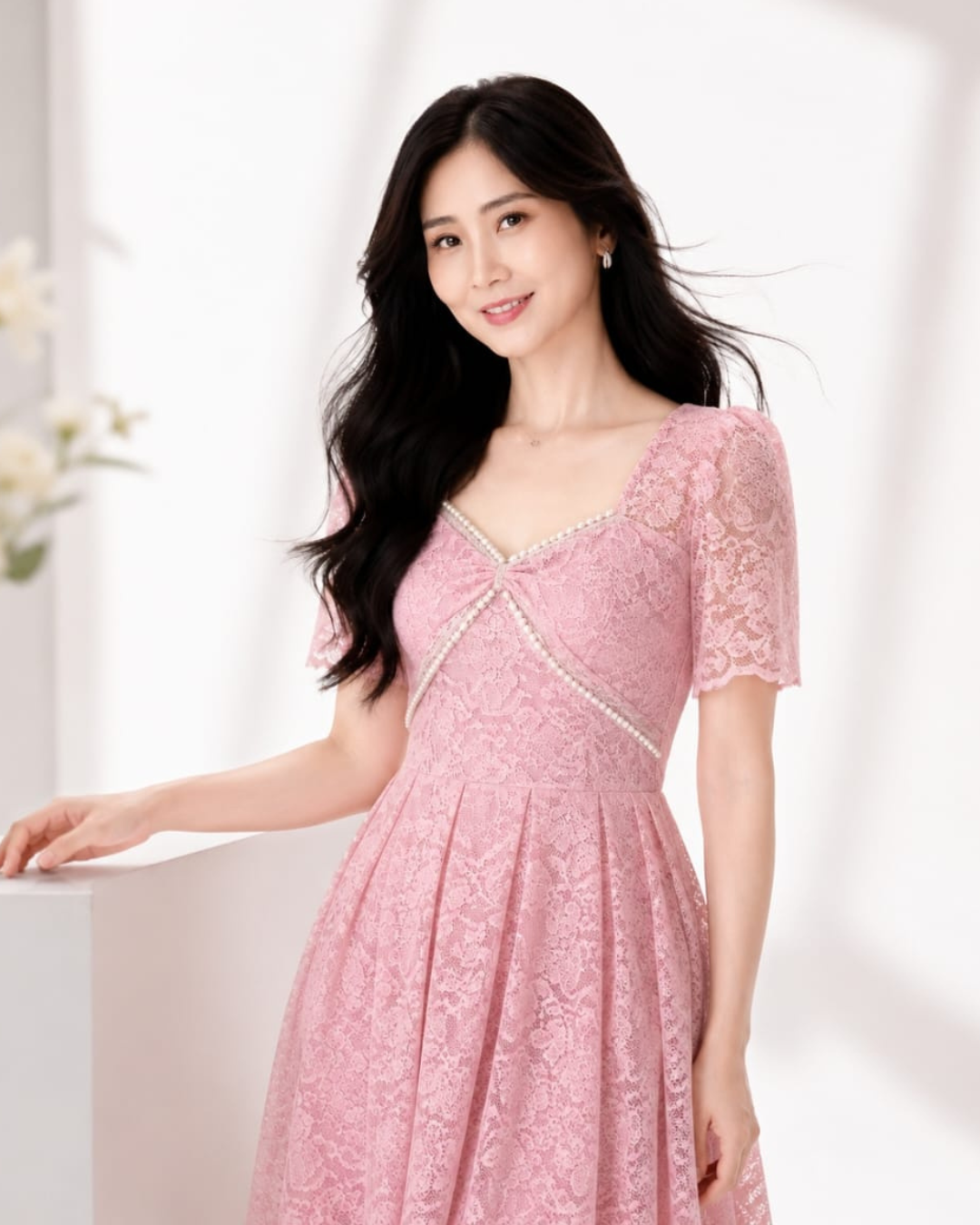 5131 Seraphina Pearl + Lace 3 Colour Panelled Midi Dress