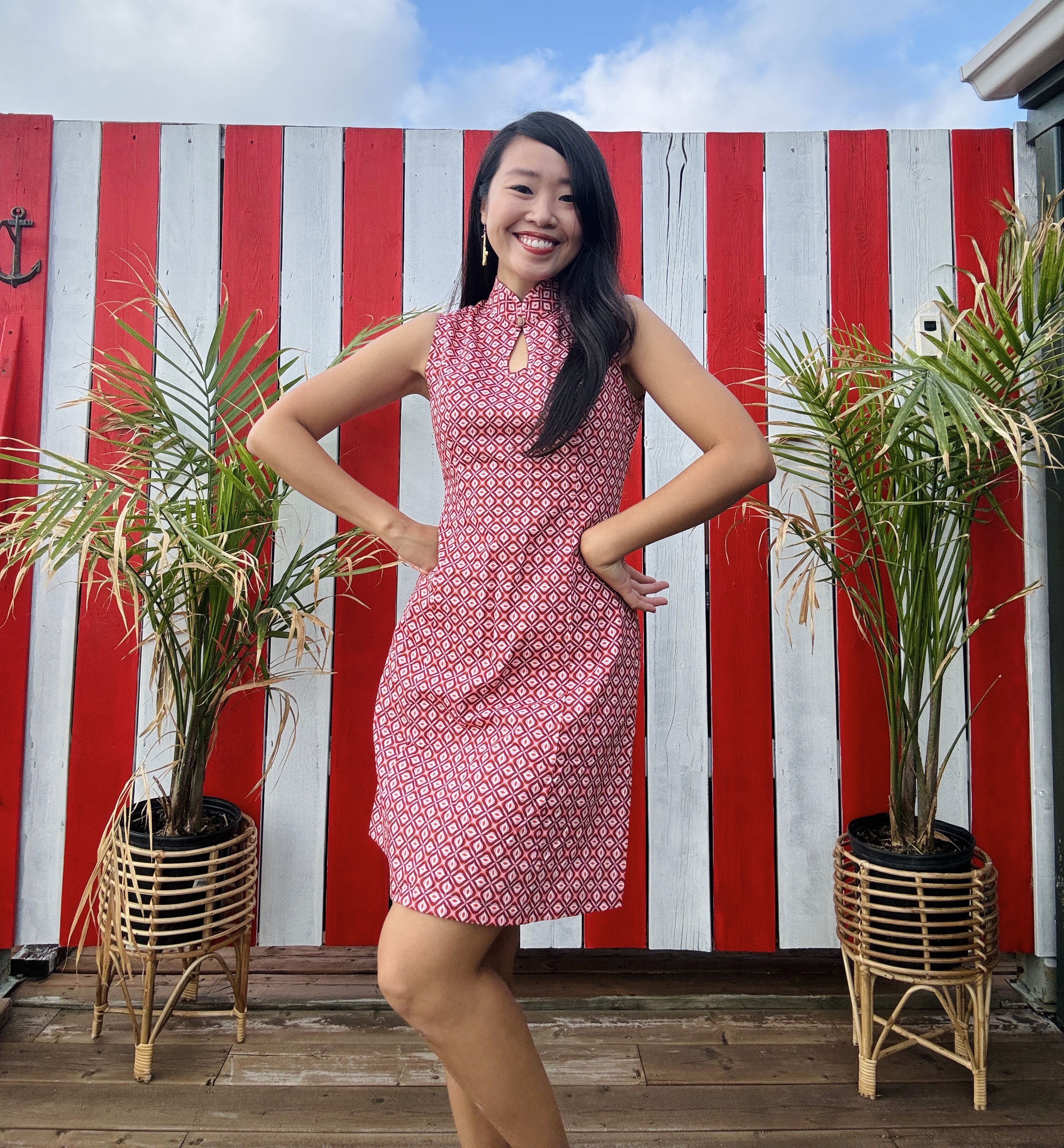 (Ready-made)100% Organic Cotton 60s Style Red Violet Vintage Pattern Mandarin Collar Shift Dress(FM166)
