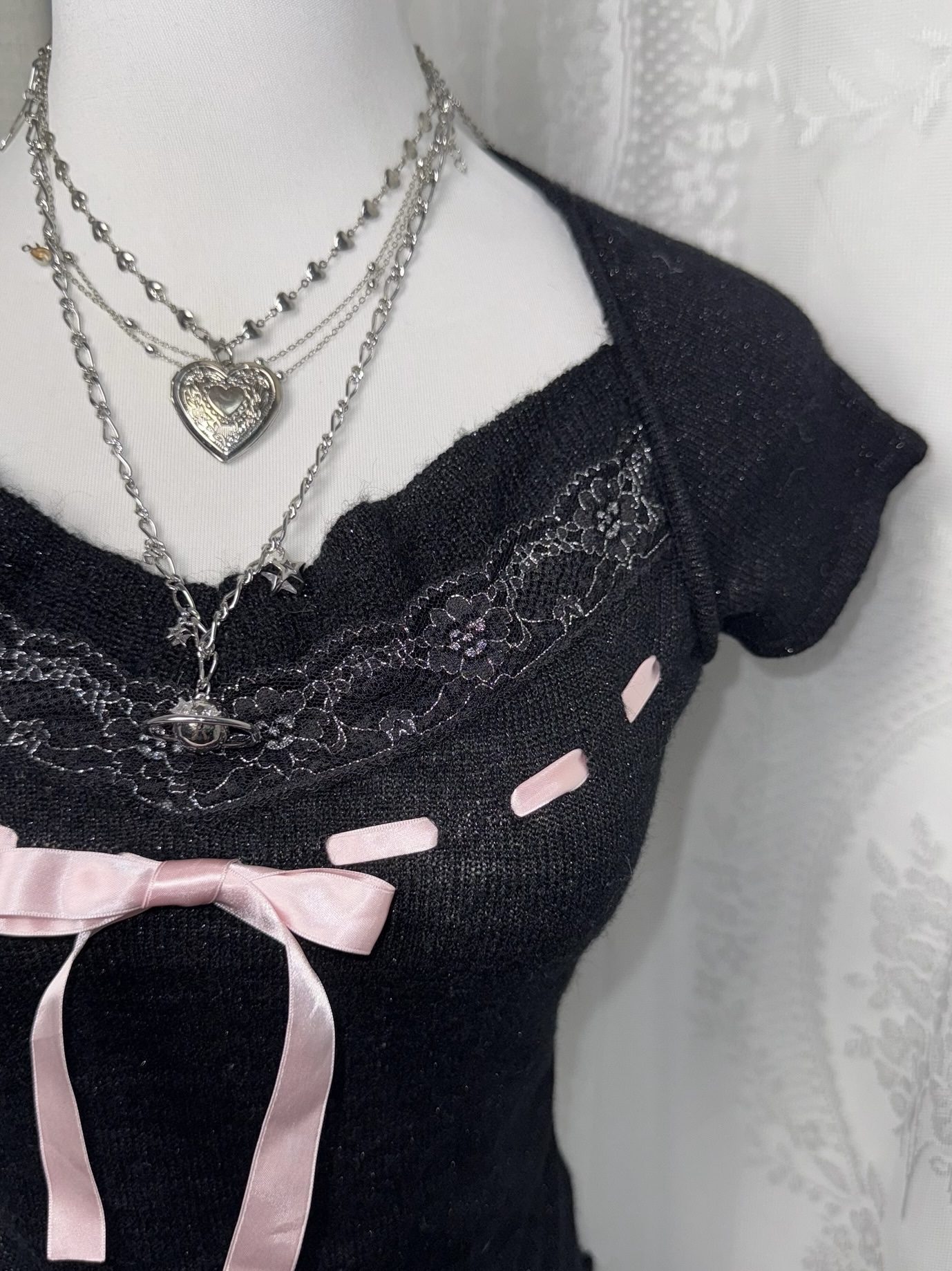 Dark Balletcore Ribbon-Weave Lace Cap-Sleeve Top