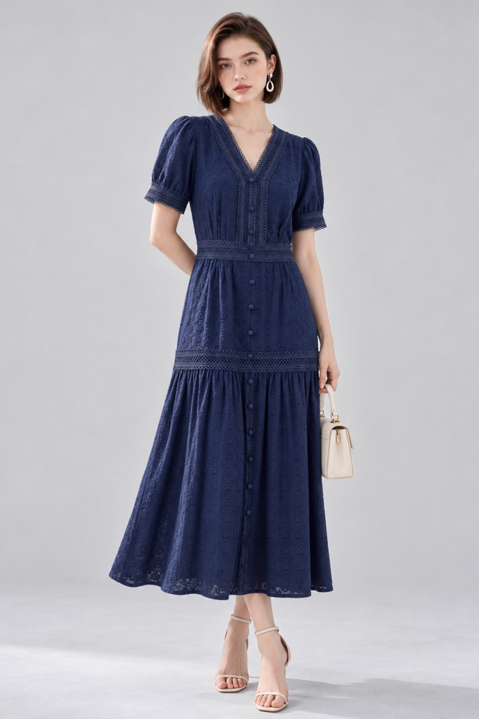 39357 Lace V-Neck Midi Dress