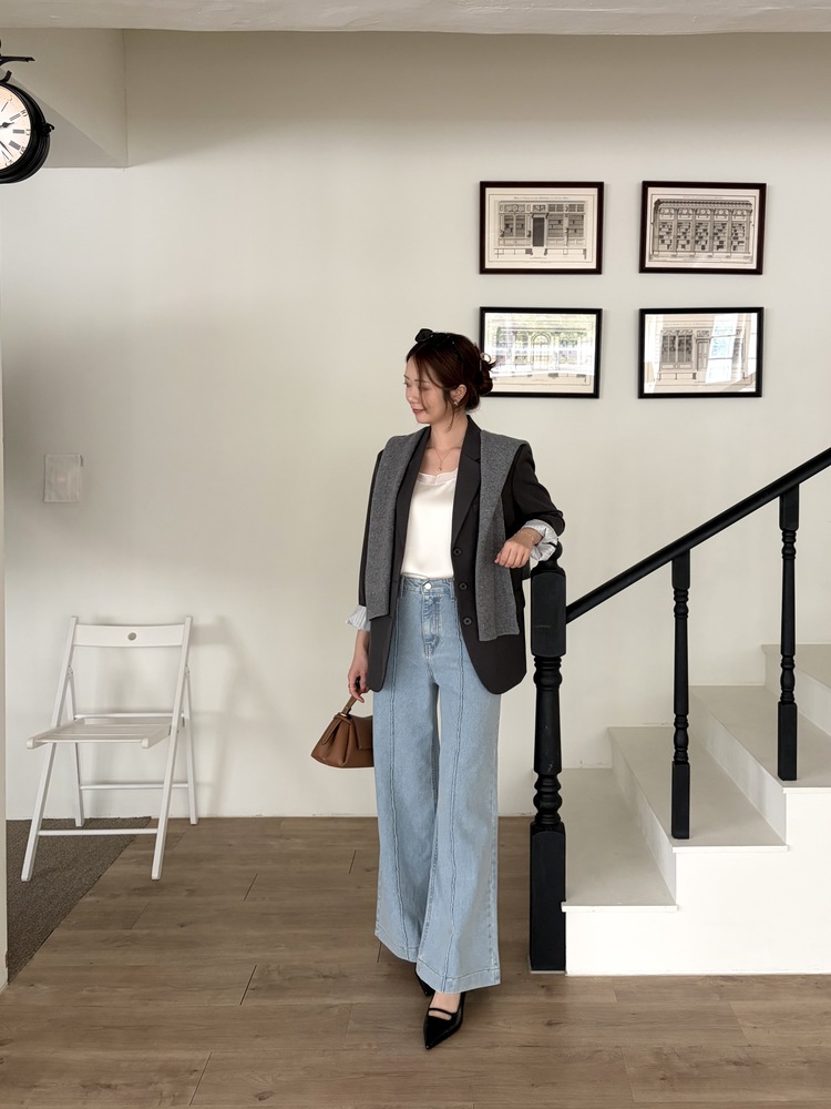 Margot Blazer with Striped Cuffs (Charcoal)
