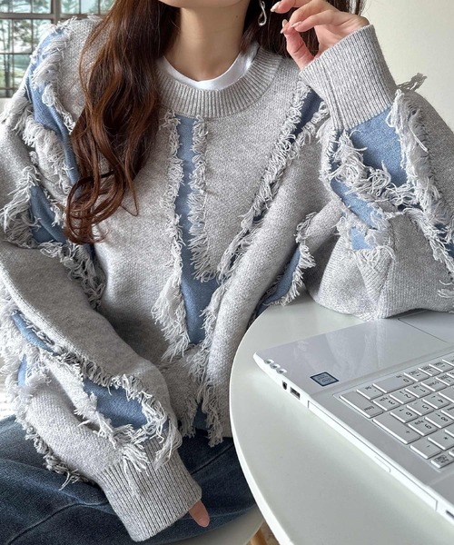 不規則流蘇拼色針織上衣【JT019】