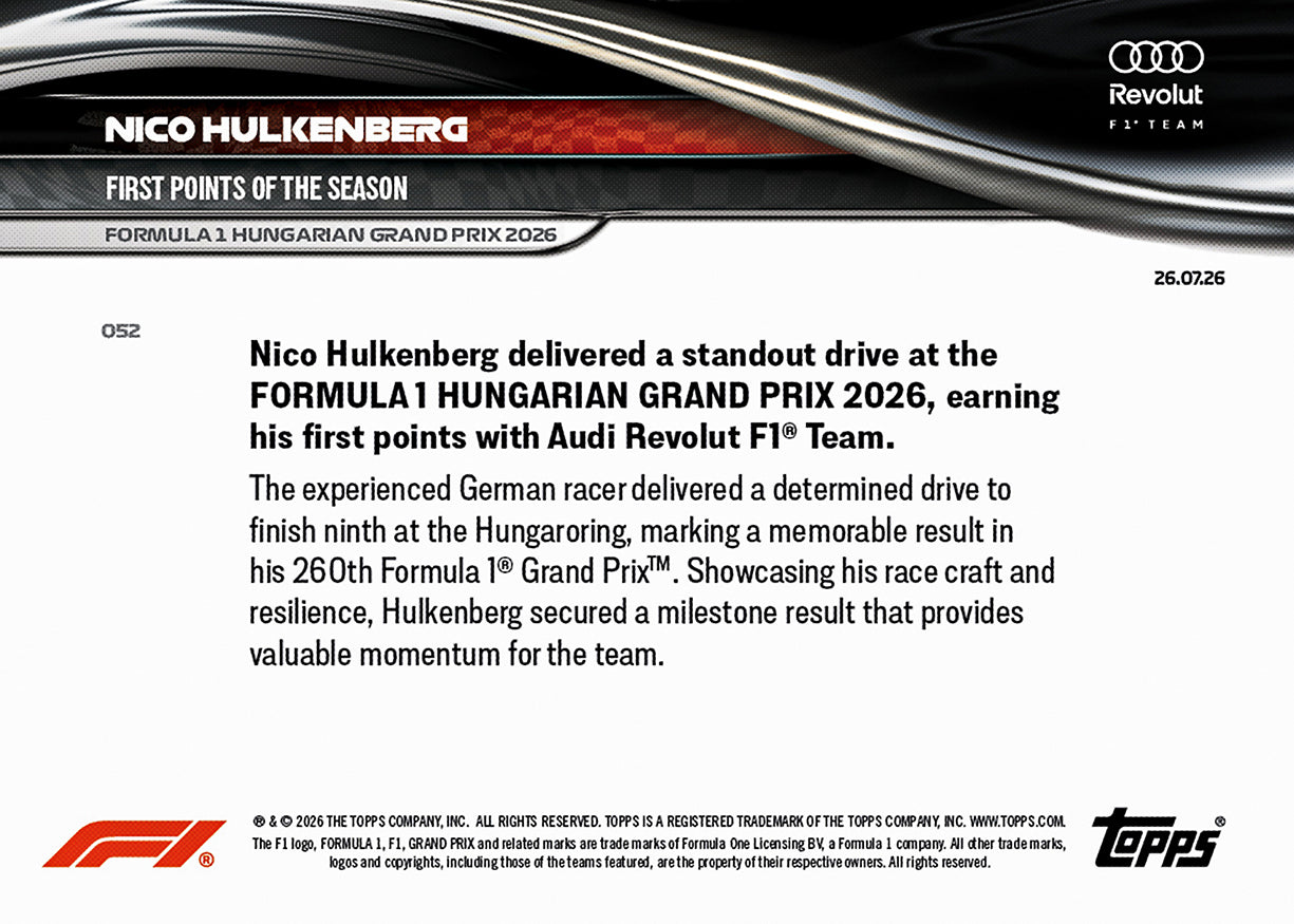 Nico Hülkenberg - 2026 F1 Topps Now #52 Hungarian GP 紀念卡【團購】