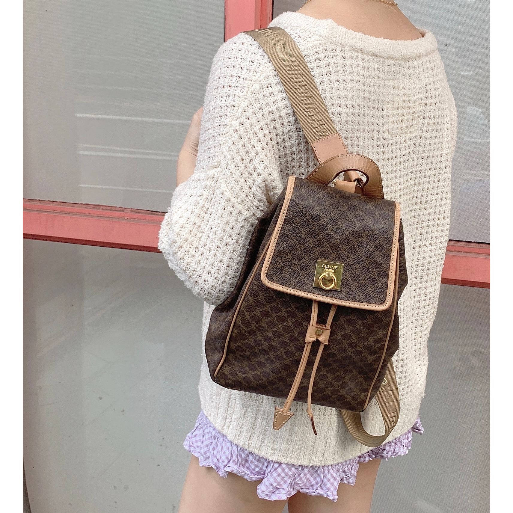 CELINE Macadam Triomphe Backpack Beige Vintage Old Celine mchxj3