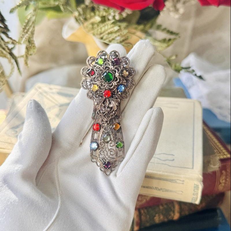 Antique Early 1900s Stamped "Czechoslovakian" Colourful Bohemian Bronze Filigree Dress Clip(NZ089)