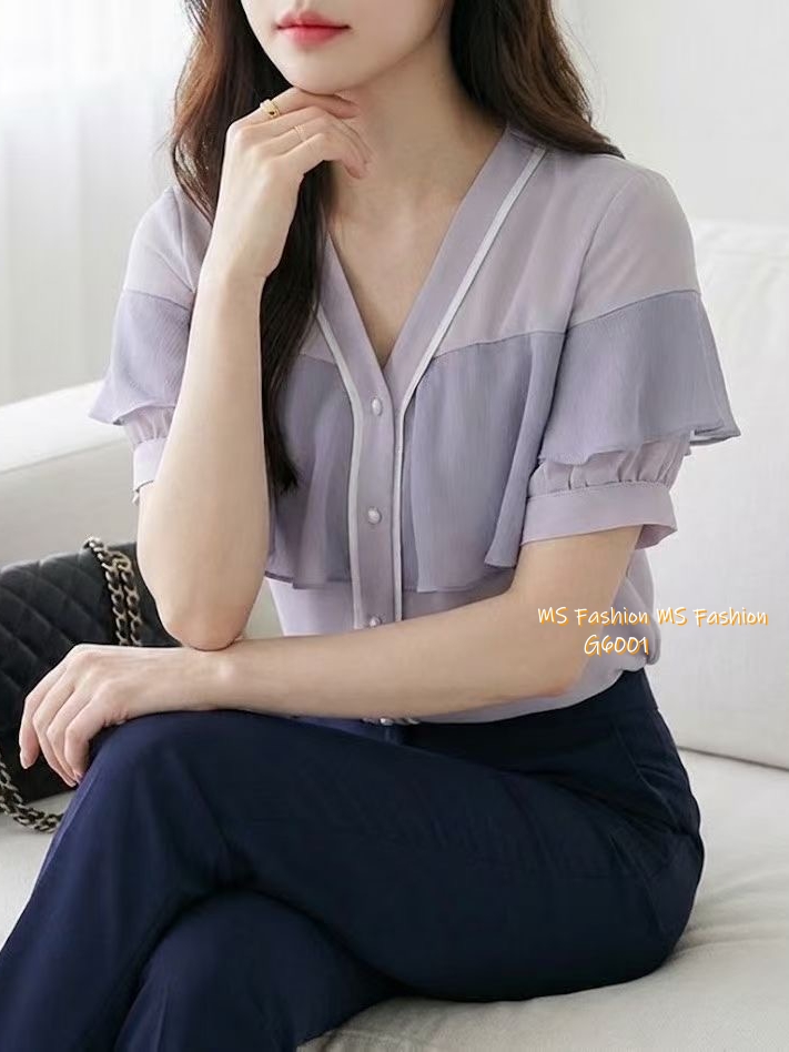 G6001 韓國🇰🇷靚料V領ruffle top