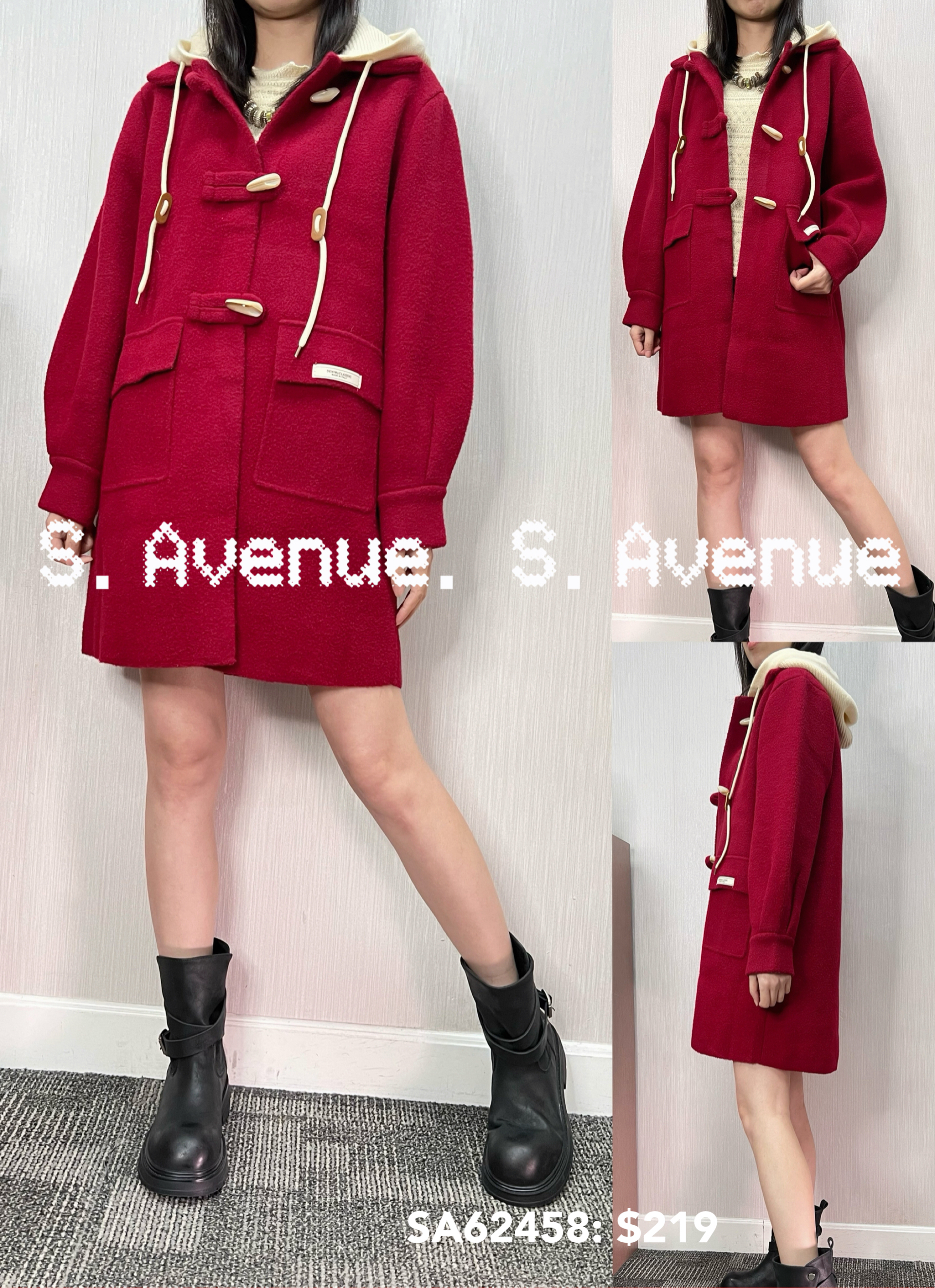 SA62458: 長袖長身牛角鈕有帽絨褸