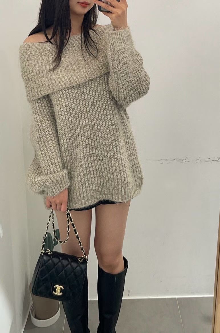 【 Goodbye Winter,🧸 | 氣質女孩！粒粒混色針織兩穿反領一字膊OPS🤎】 Bear Off Shoulder Ops(兩色入)