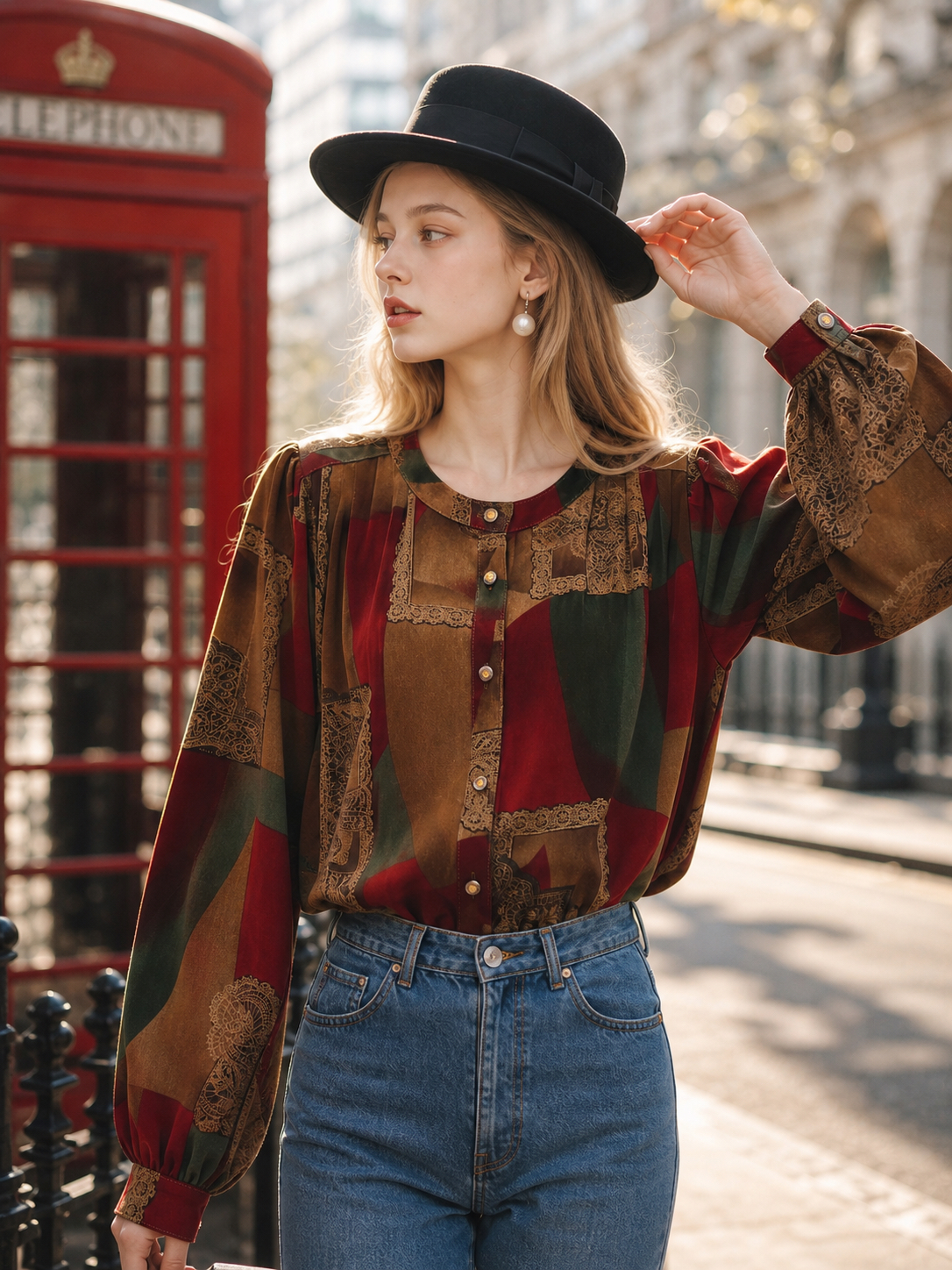 倫敦秋日手稿 ∙ 1970年代復古巴洛克幾何幾何圖騰印花古董襯衫 London Autumn Chronicles ∙ 1970s Vintage Baroque Geometry & Lace-Pattern Blouse