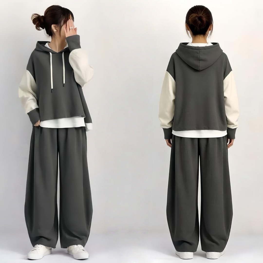 日系休閒連帽撞色两件套 。$138套