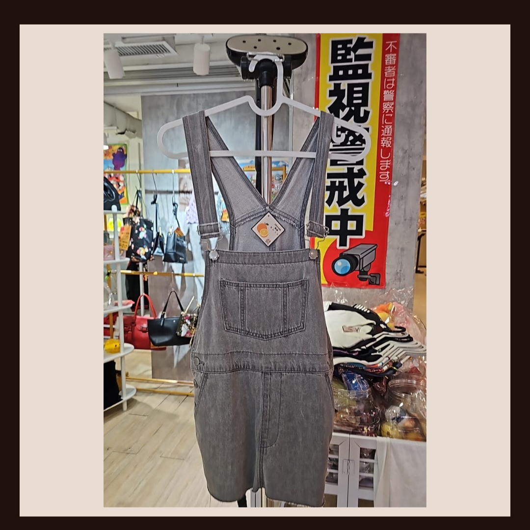 🎞️ 日系復古洗水灰色牛仔吊帶褲 