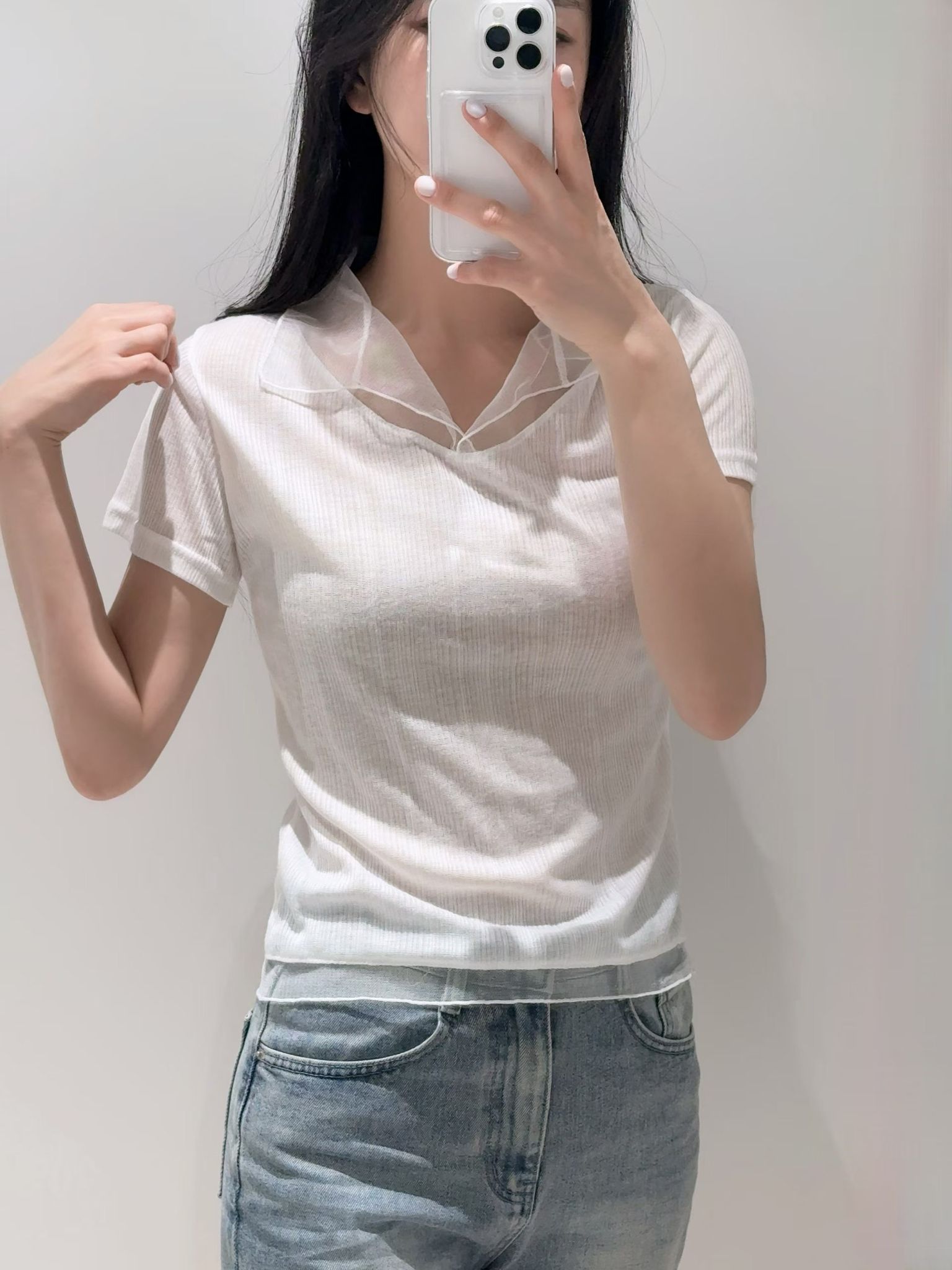 【休閒/上班】薄紗拼布直紋上衣