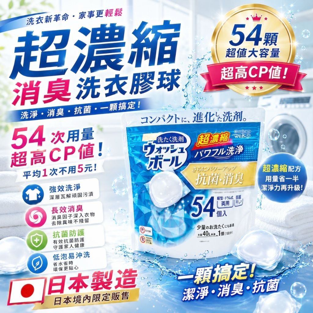  【預訂】日本製 WELCO 超濃縮抗菌消臭洗衣球 (1袋54粒)
