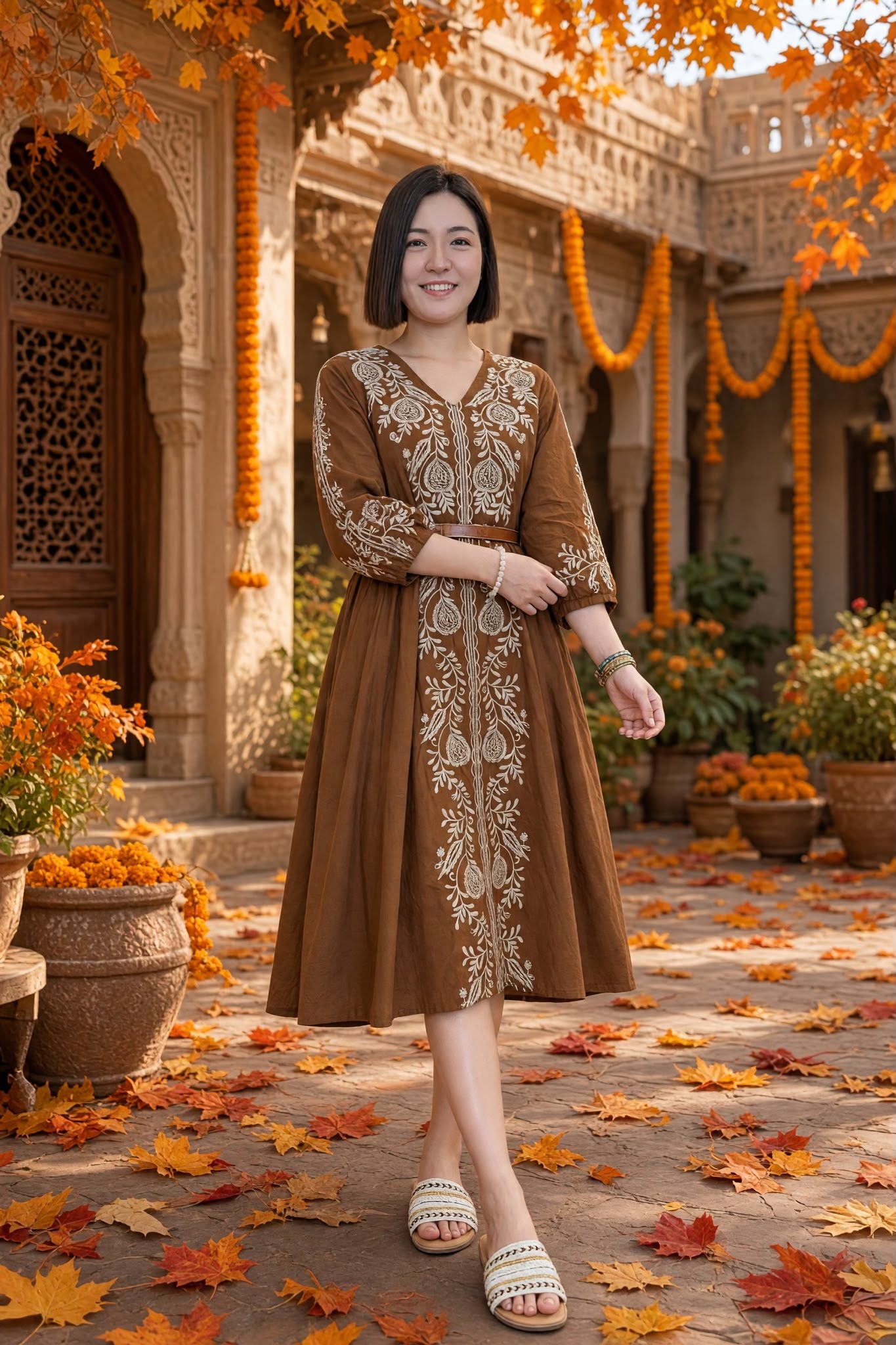 3524 Caramel Brown With Beige Emb Twisted Belt
