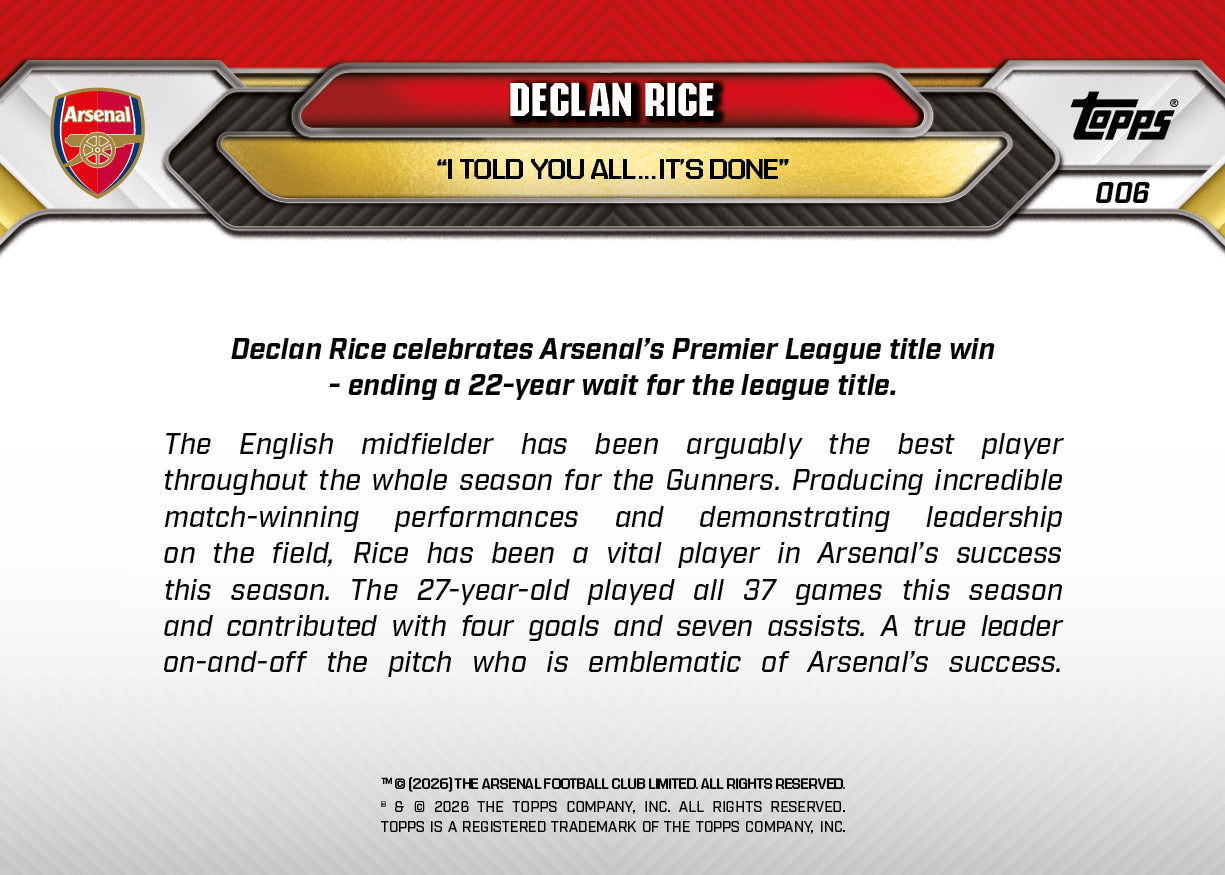 Declan Rice - 2025/26 Arsenal FC Topps NOW #6 英超冠軍核心卡｜PR 8,975