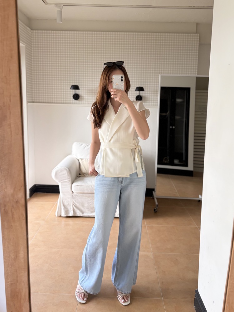 Silky Belted Wrap Blouse (Ivory)