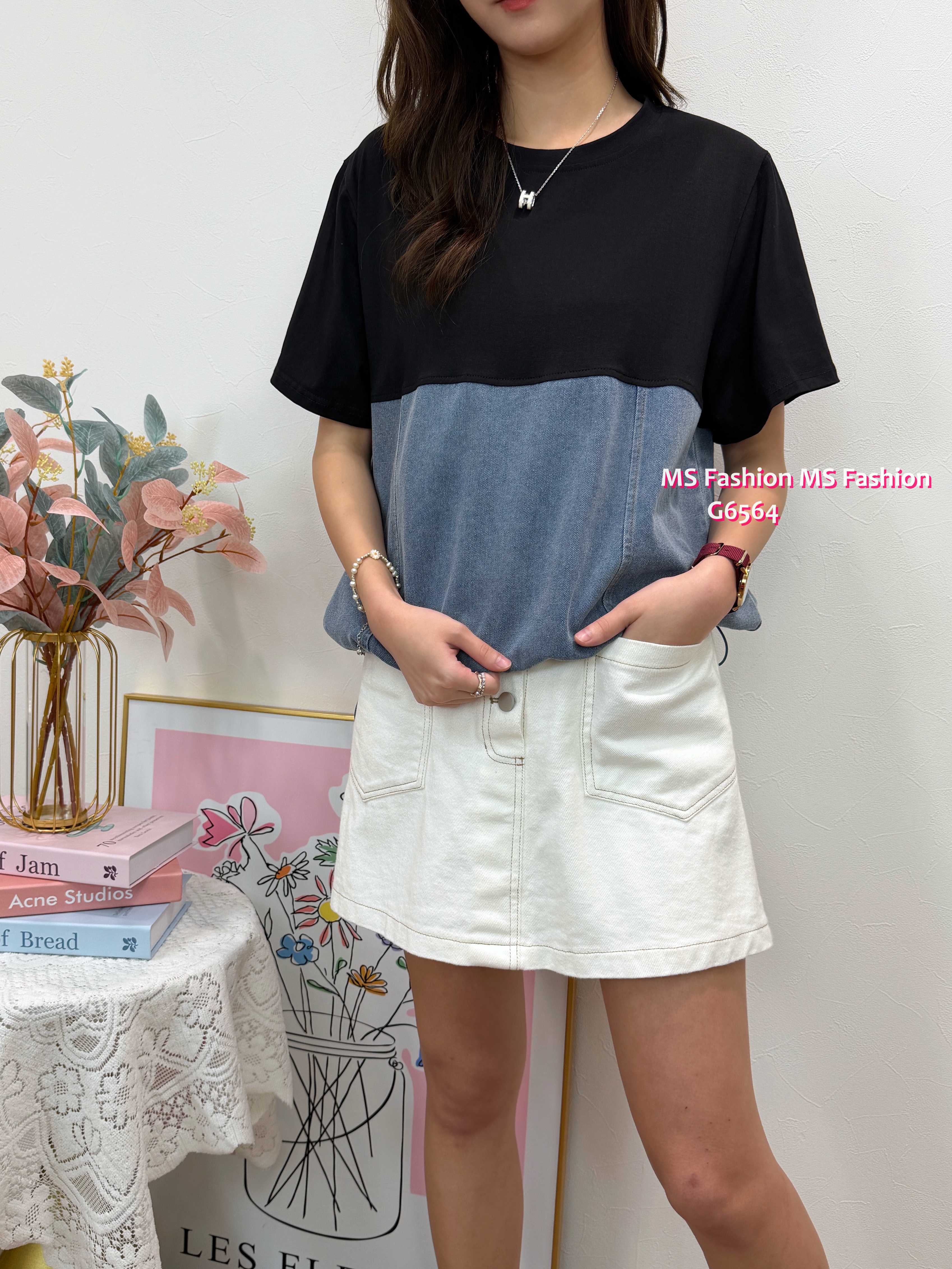 G6564 牛仔拼布top