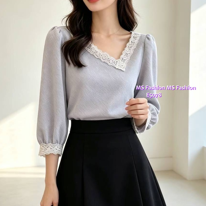 E5078 特色V領拼lace top