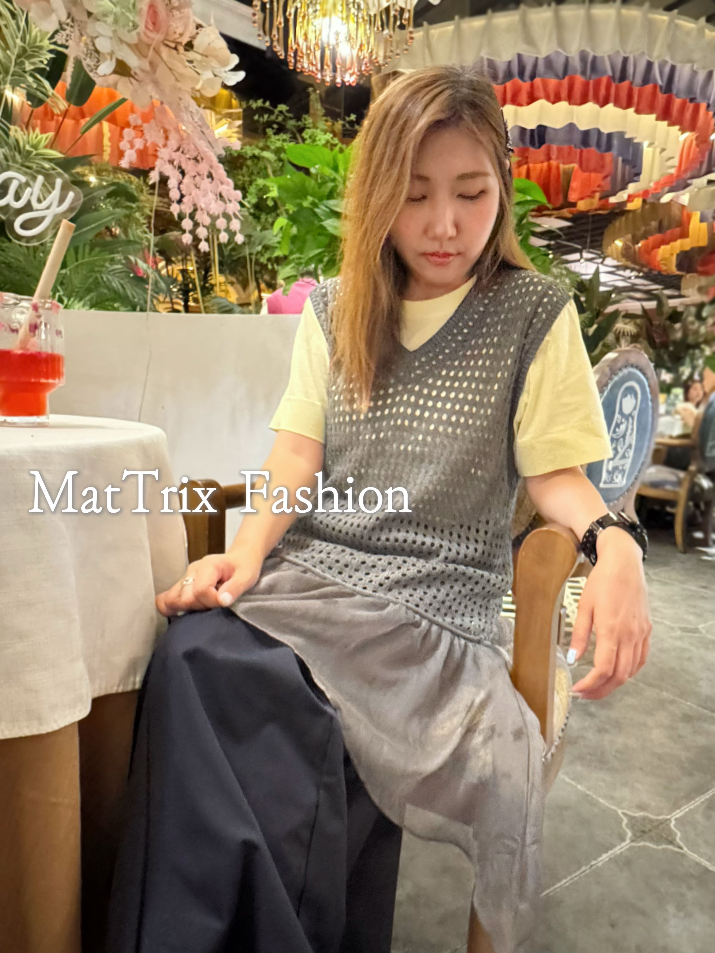 線織拼雪紡背心