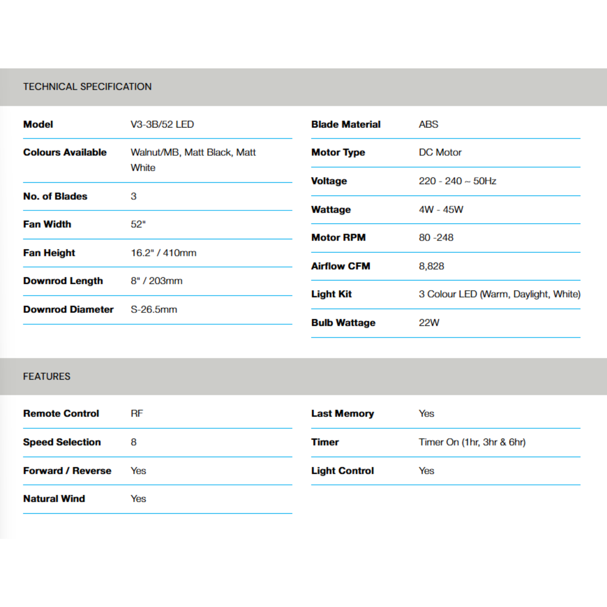 Alpha 52" V3 3-Blade LED Ceiling Fan (V3-3B/52)